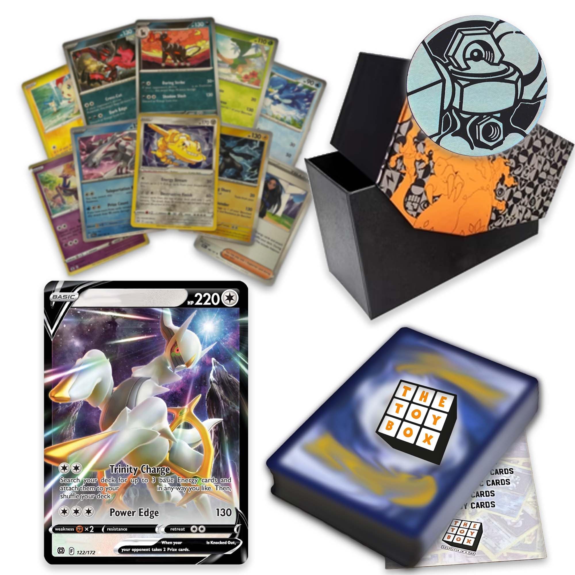 Ultimate Shiny Box Bundle - 50 Random Cards Guaranteed 10 Holos + 1 Rare Shiny Card + 1 Coin Plus The Toy Box Card Compatible