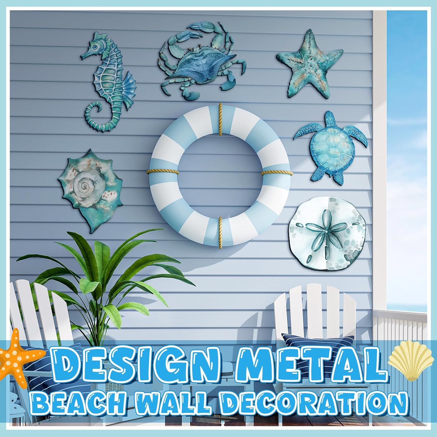 Tandefio 6 Pcs Coastal Wall Decor Ocean Beach Metal Wall Art Sea Life Turtle Seahorse Crab Shell Conch Bathroom Hanging Decor for Nautical Theme Home Living Room Bedroom Outdoor Decorations - Image 2