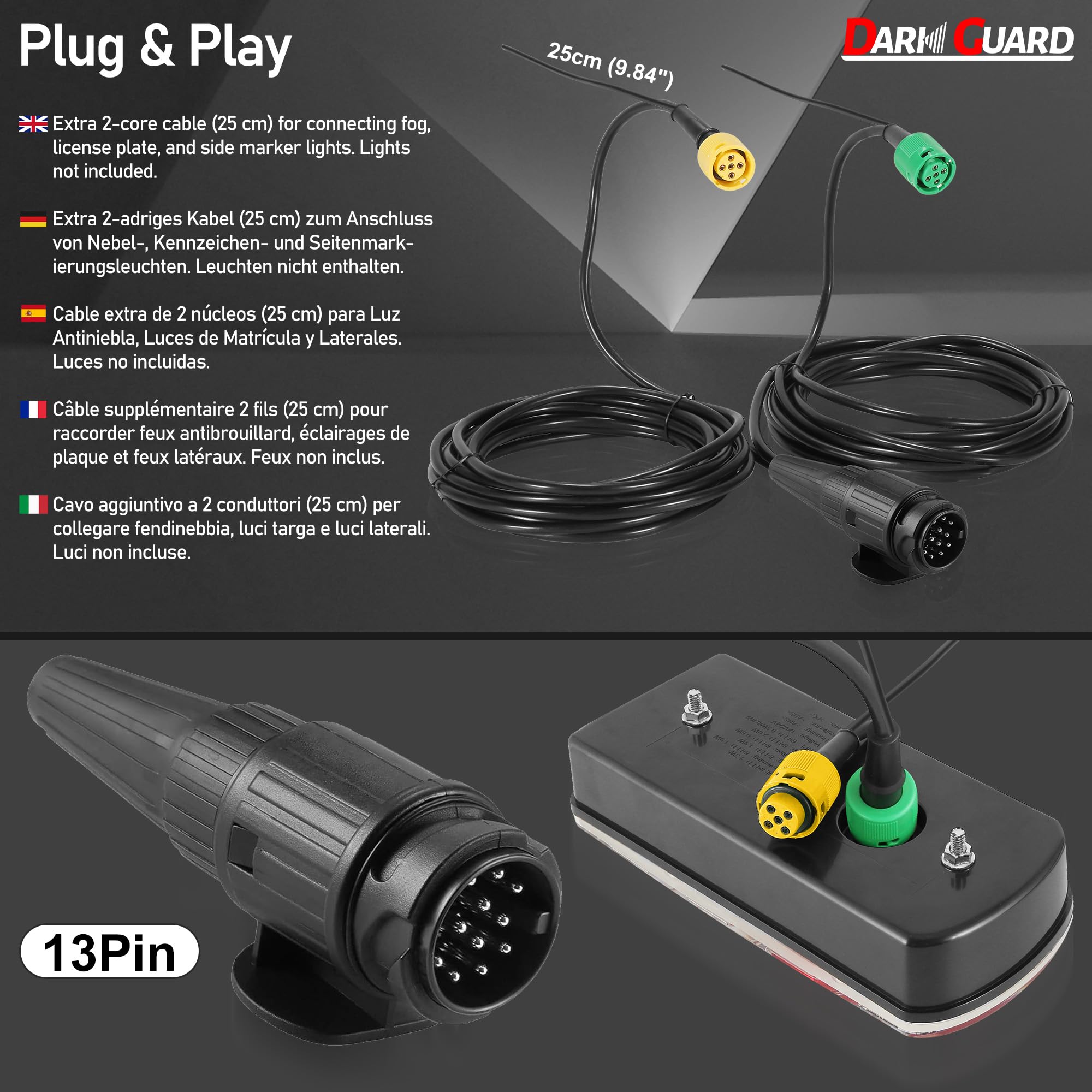 Kit Fari Rimorchio 13 Poli Fanali Posteriore Led per Rimorchio 7 Funzioni 12V/24V con 5P Baionetta Cavo Pre-Cablaggio 5,5M + Extra 25cm per Luci Posizione/Nebbia/Targa, Omologati E57 IP65