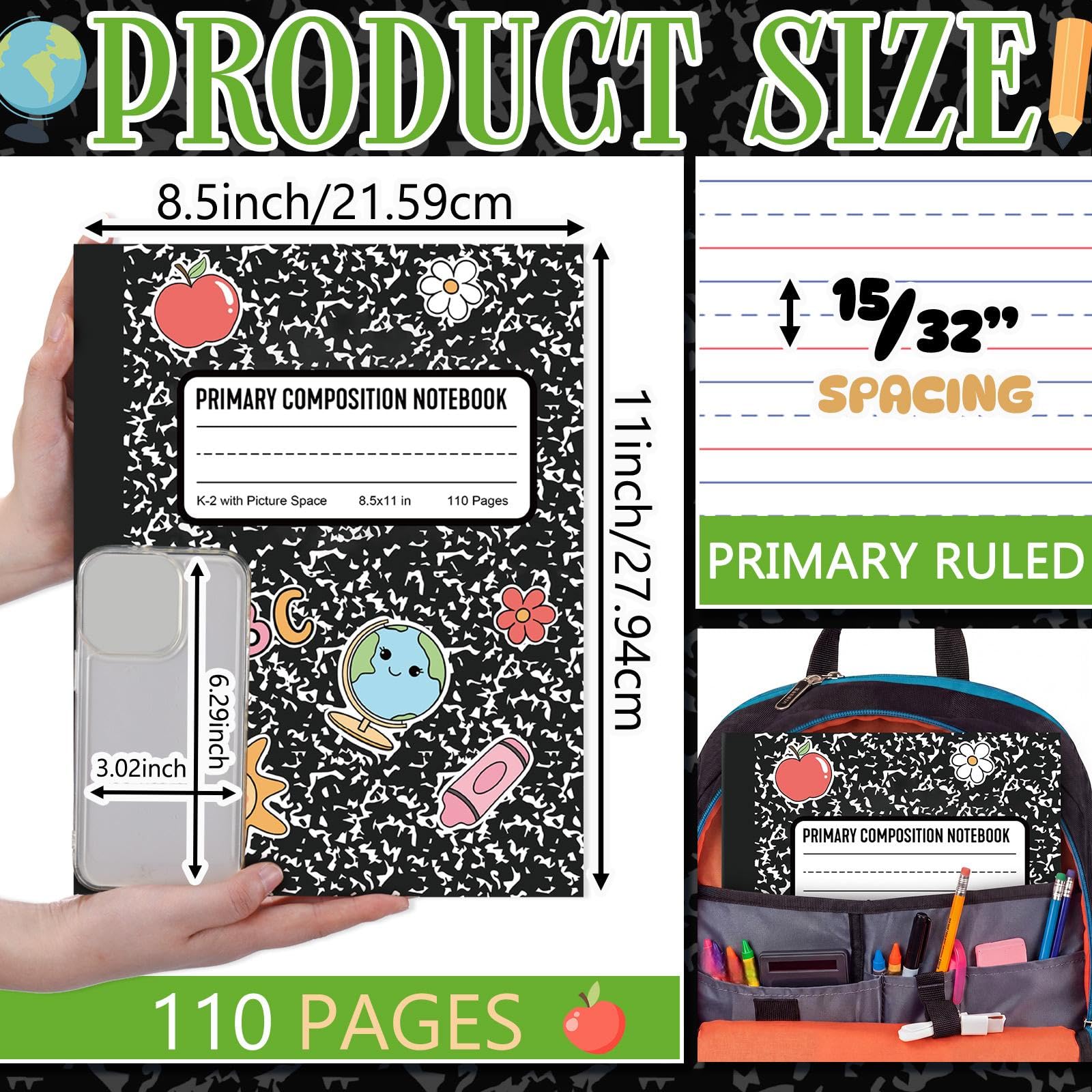 Gueevin Lot de 6 carnets de composition primaire en marbre noir avec espace photo en vrac pour les classes K-2 110 pages 21,6 x 27,9 cm Demi-journal primaire K-2 histoire de dessin pour la rentrée