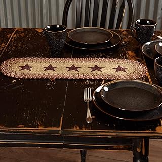 VHC Brands Classic Country Primitive Tabletop & Kitchen - Burgundy Tan Jute Red Stencil Stars Runner, 8" x 24"