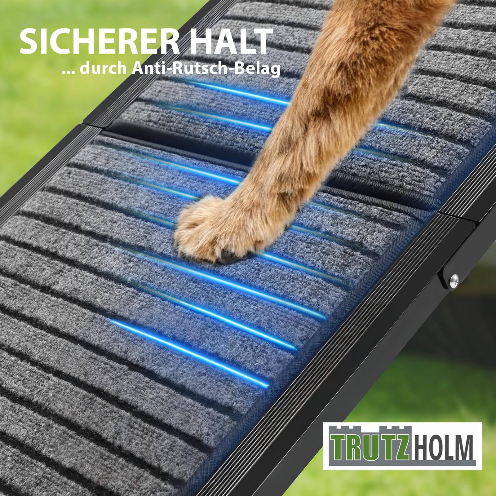 TRUTZHOLM Hunderampe klappbar 180 cm, Autorampe für Hunde, bis 130 kg Tragkraft, 4-Fach klappbar, Aluminium, rutschfeste Teppichoberfläche, Sicherheitsgurt, Einstiegshilfe für Auto, SUV, Sofa, Bett