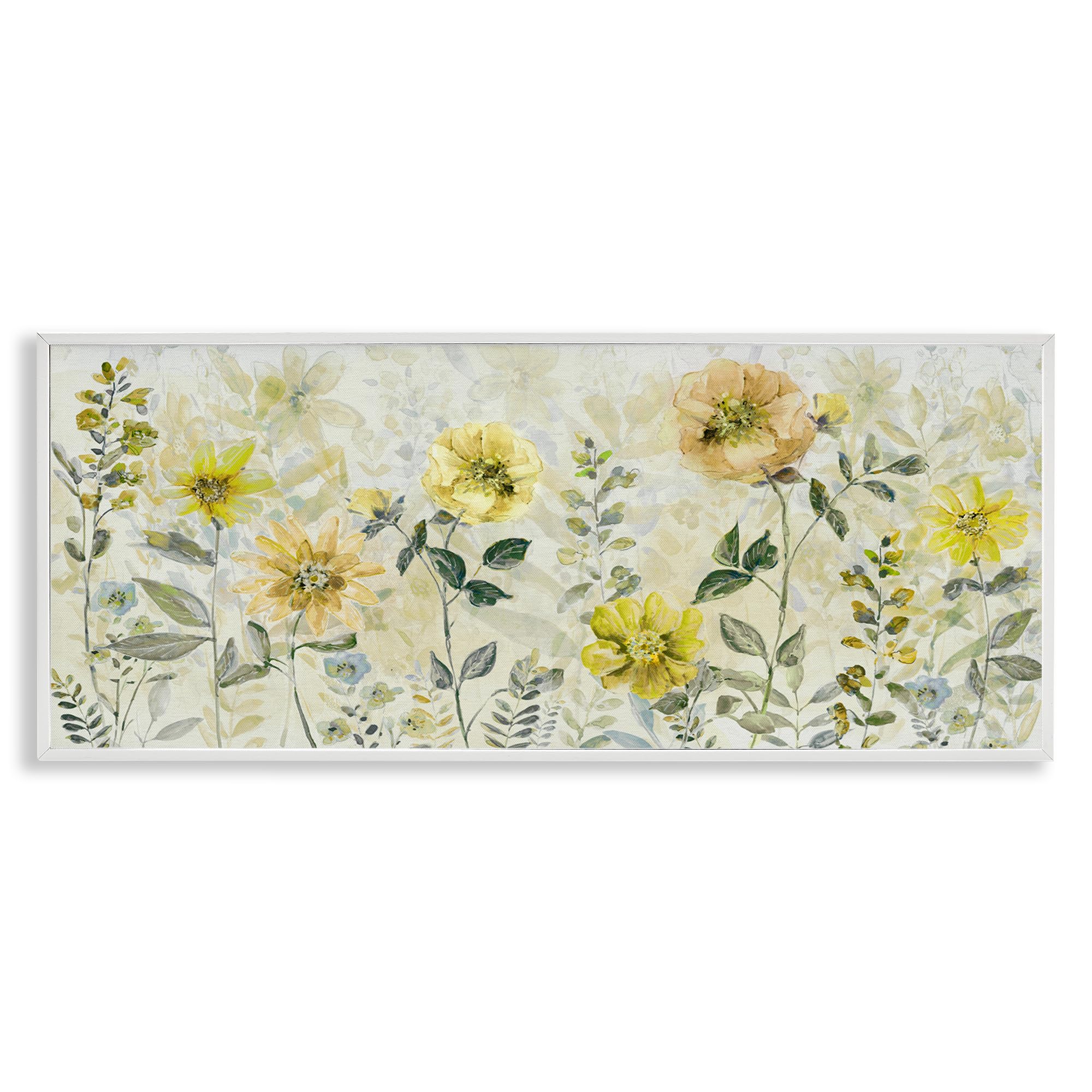 Stupell Industries Coastal White (Textured) Buttercup Garden Floral, 10 X 24 Inch Framed Giclée Print