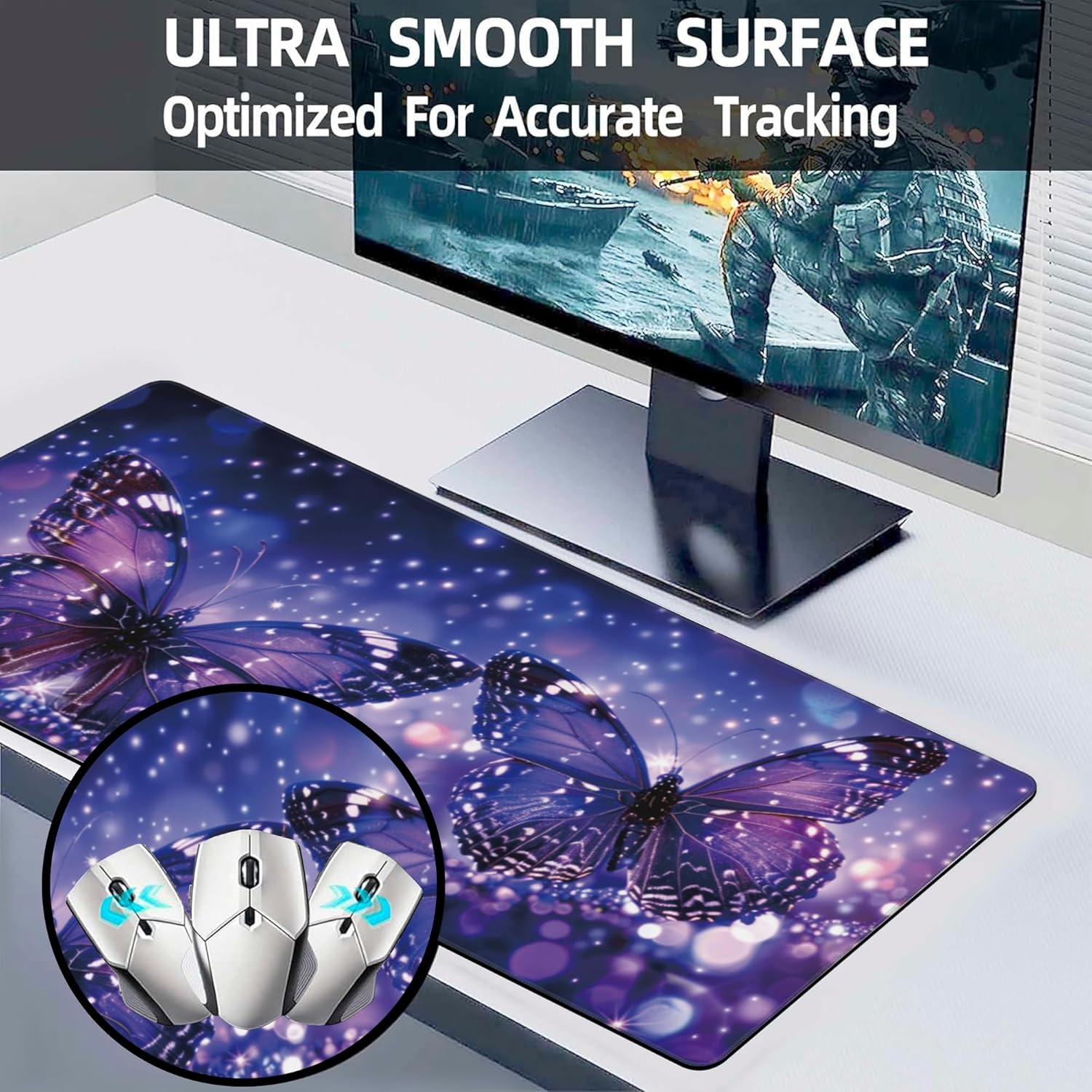 Extended Large Gaming Mouse Pad, Sparkling Purple Butterflies Large Desk Mat for Desktop, Non-Slip Rubber Base Stitched Edges Long Computer Keyboard Desk Pad Mouse Mat for Home Office 35.4"X15.7" - Image 5