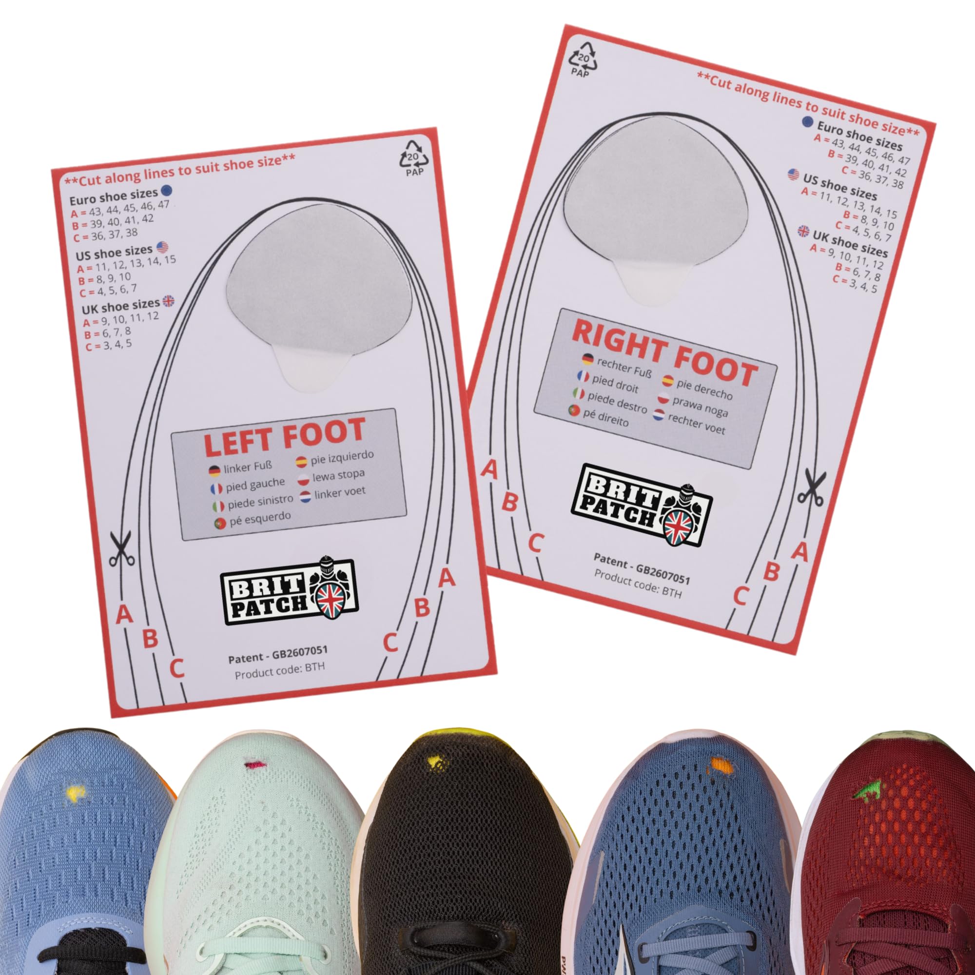 Big Toe Hole Preventer for running shoes and fabric footwear. Black self-adhesive patches with a clever applicator. Strong and unnoticeable when fitted. Also for footwear repair