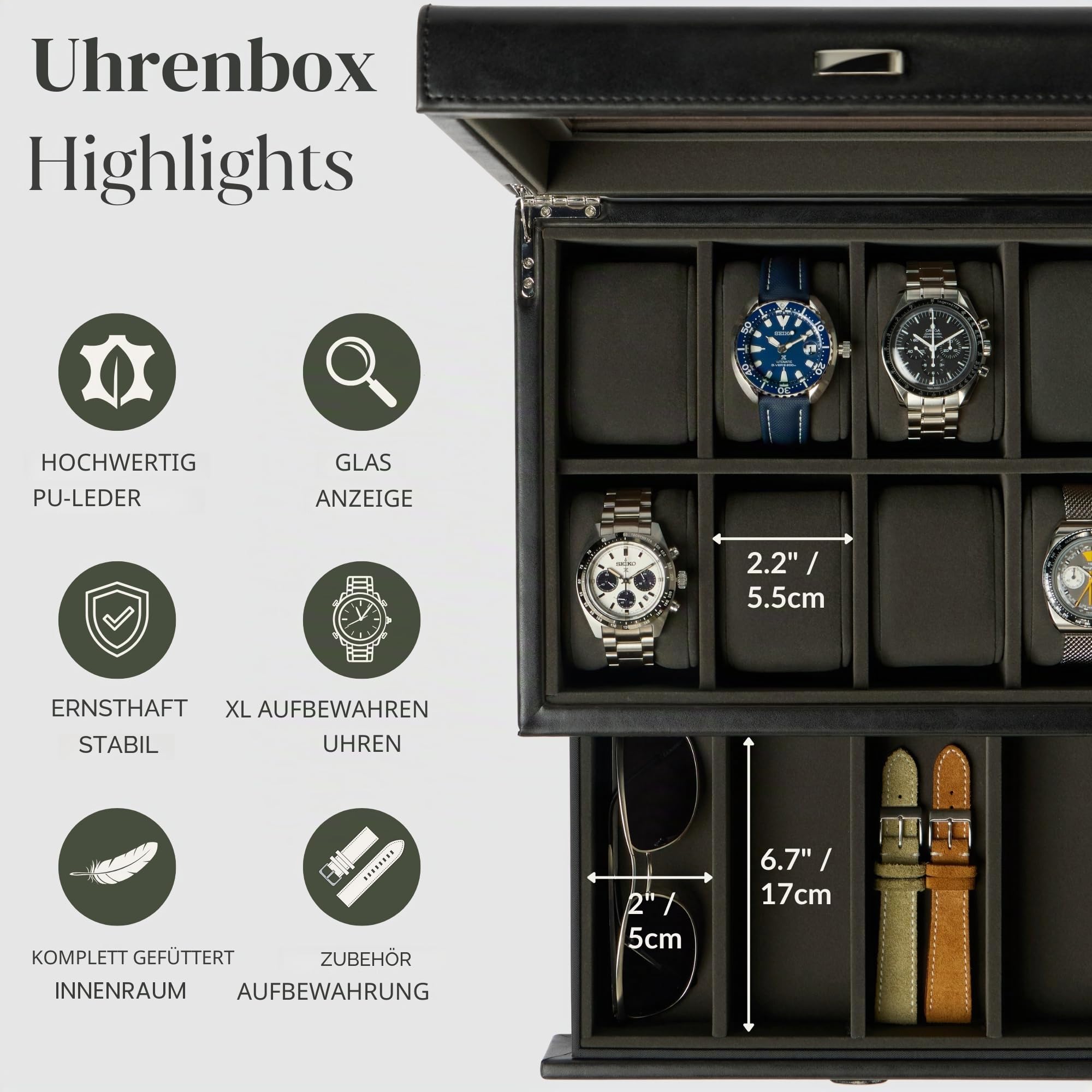 TAWBURY Uhrenbox für Herren - 8-Fach Uhrenkoffer mit Aufbewahrungsschublade, Echtglas-Display und extra breiten Kissen für große Uhren (Schwarz/Anthrazit)