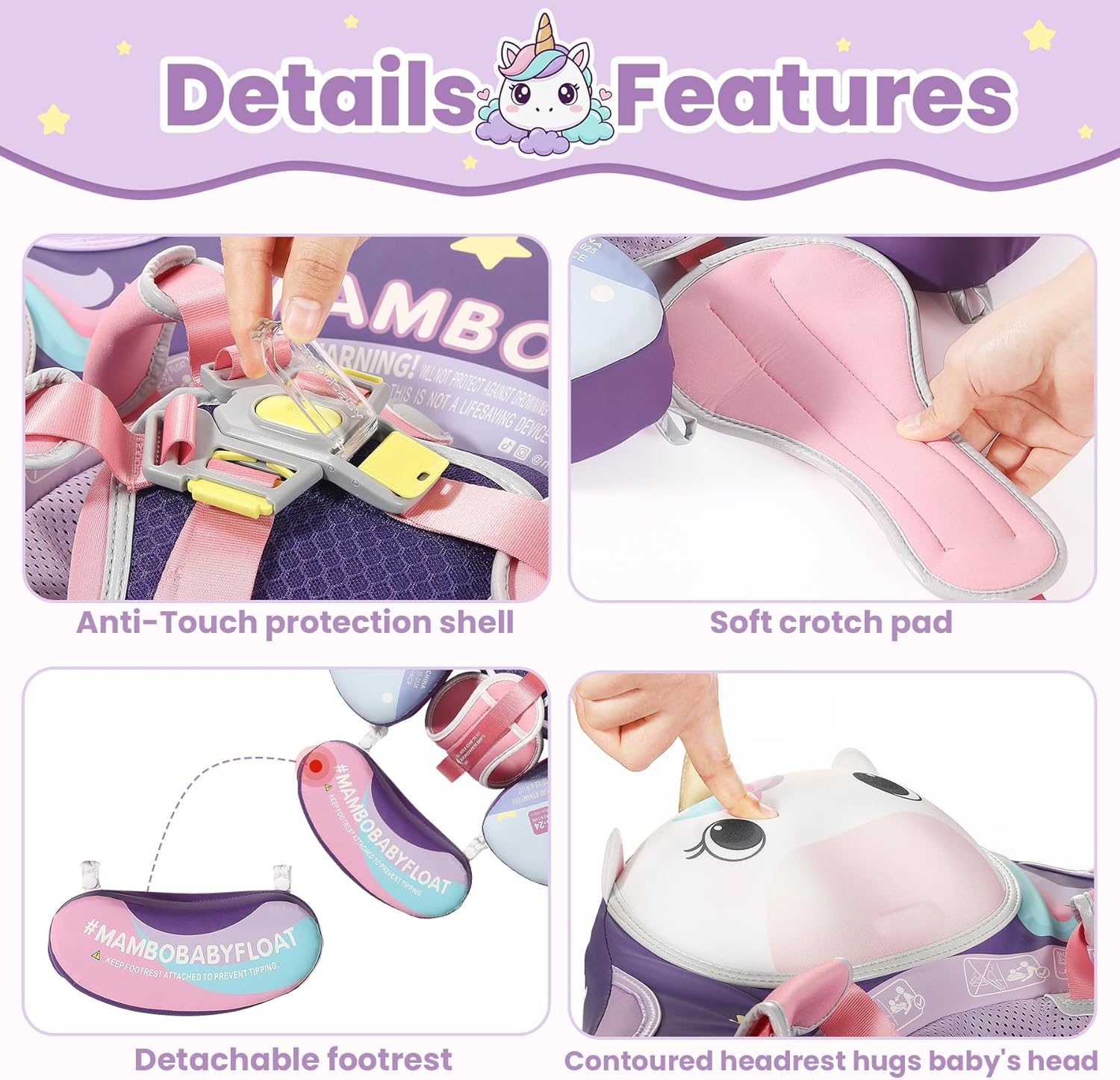 Mambobaby No-Flip Baby Pool Float with Canopy & Tail Non-Inflatable Swim Float for Infants, Pearl-Foam, UPF 50+ & Adjustable Safety Five-Way Harness, Skin-Friendly for Boys Girls 3-24 Months