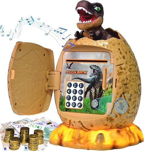 Alcancía para niños, banco de dinero de huevos de dinosaurio con desbloqueo de huellas dactilares, luz nocturna, música, cajero automático de