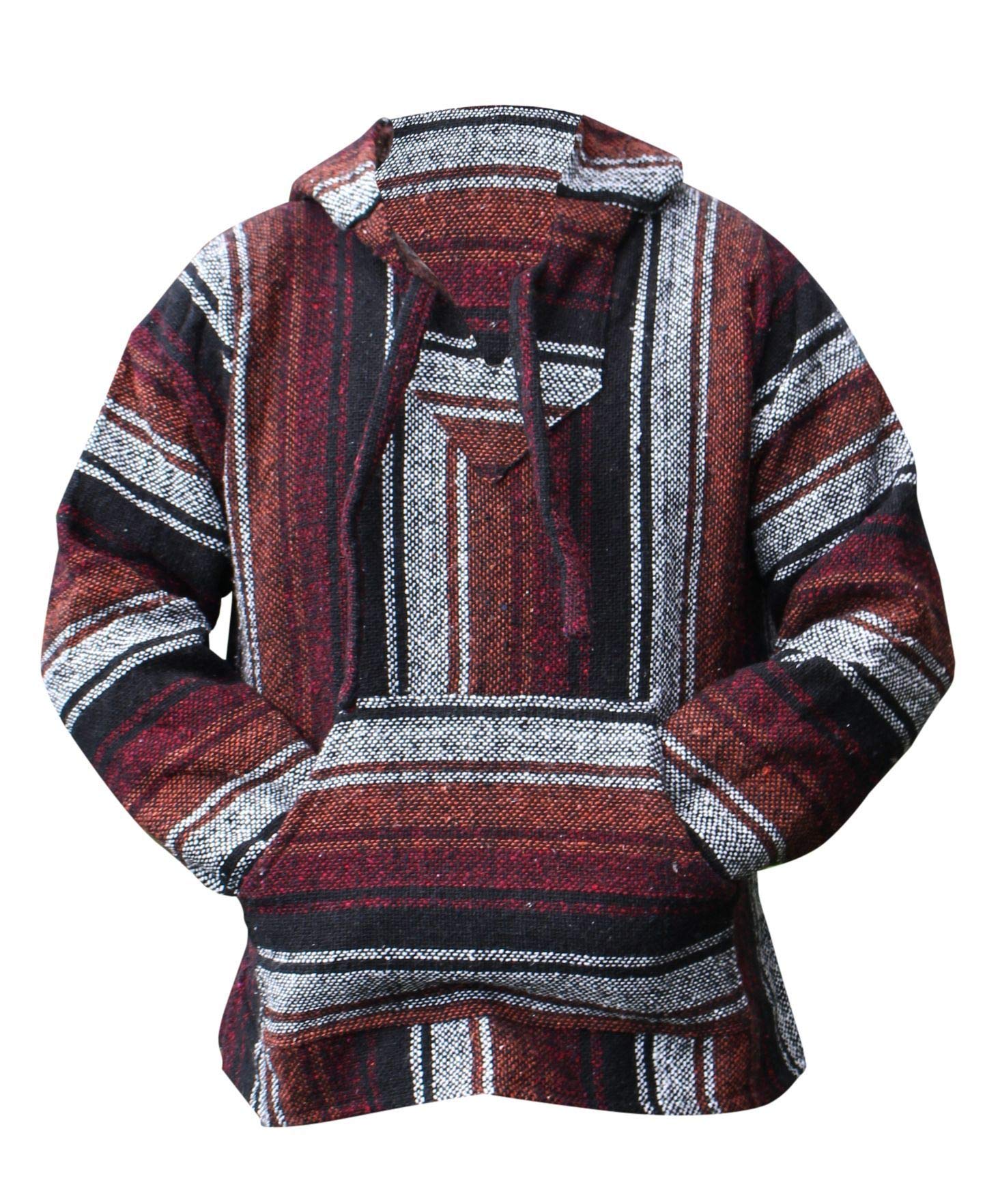 Baja DirectMexican Baja Hoodie Hippie Surf Poncho Sweater Sweatshirt Pullover Jerga (X-Large, Burgandy/Rust)