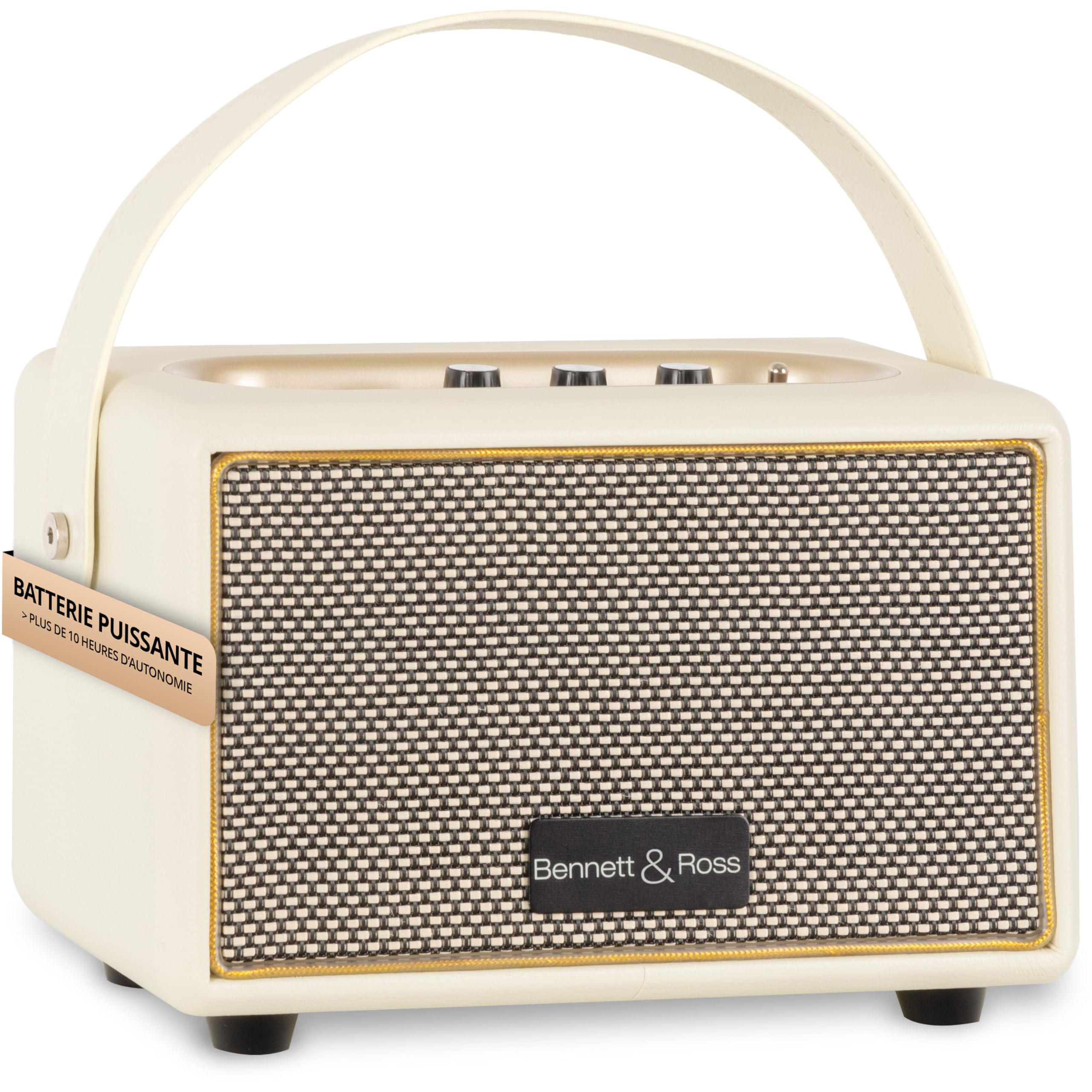 Bennett & Ross BB-820CW Blackmore Junior - Haut-Parleur Bluetooth rétro en Cuir avec accu 5200 mAh - Haut-Parleur Vintage avec 20W - Entrée MicroSD avec Lecteur MP3 - Aux-in - Enceinte Blanc créme