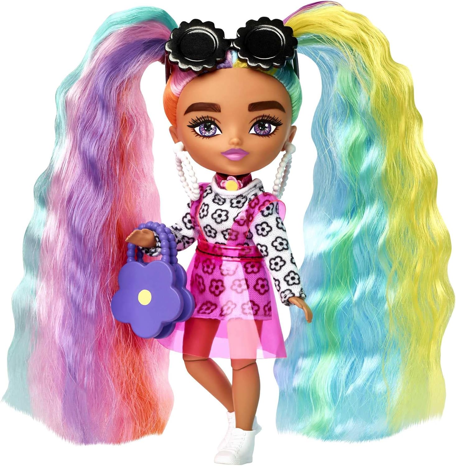 Barbie Extra Minis Doll #6 Wearing Flower Print Dress with Rainbow Hair, Doll Stand & Accessories Including Sunglasses & Purse, 5.5-inch