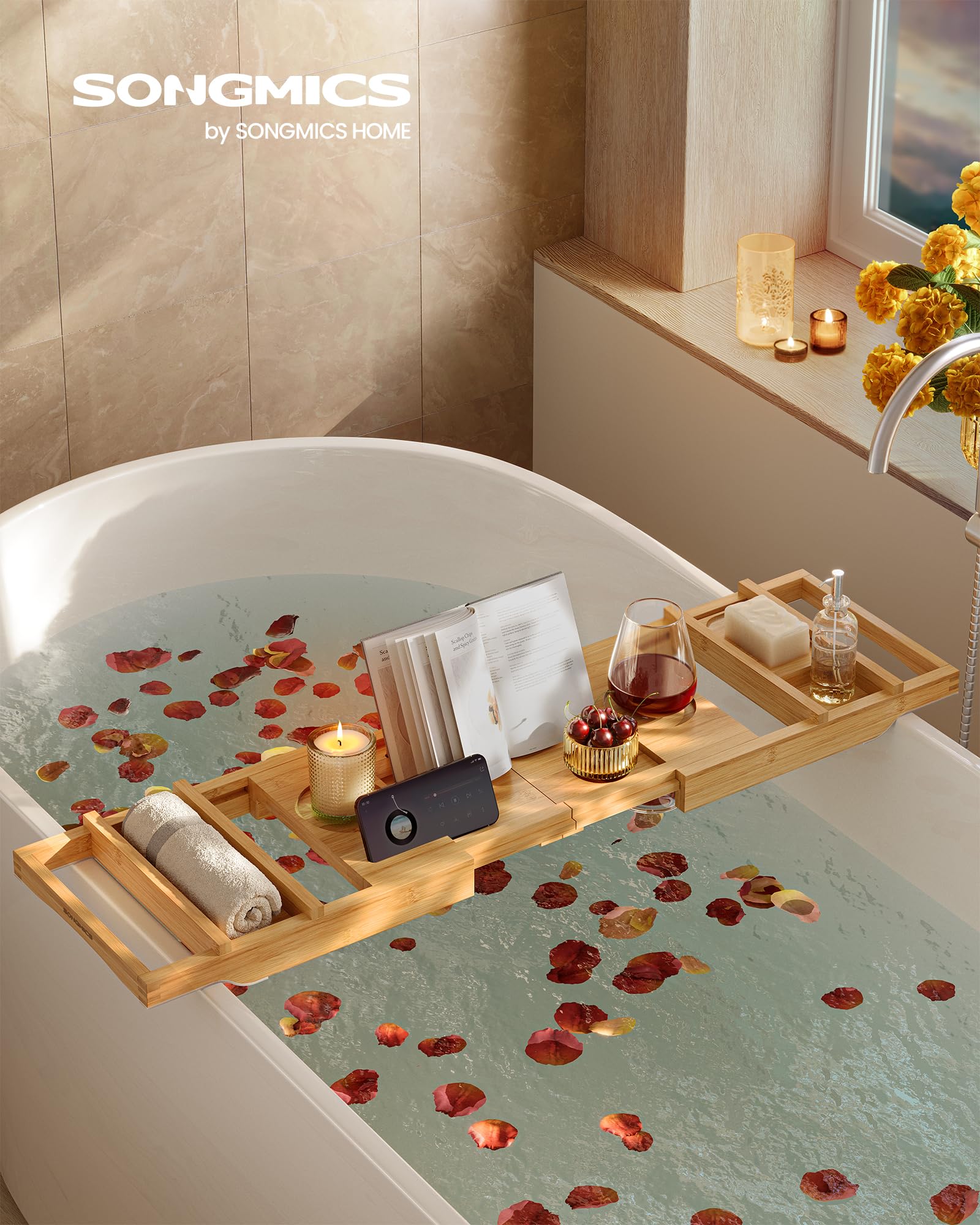 SONGMICS Plateau de Baignoire Extensible en Bambou, Plateau de Bain, Largeur 70 à 95,6 cm, Pliable, Antidérapant, pour Livre, Tablette, Verre de Vin, Serviette, Beige Naturel BCB072N01