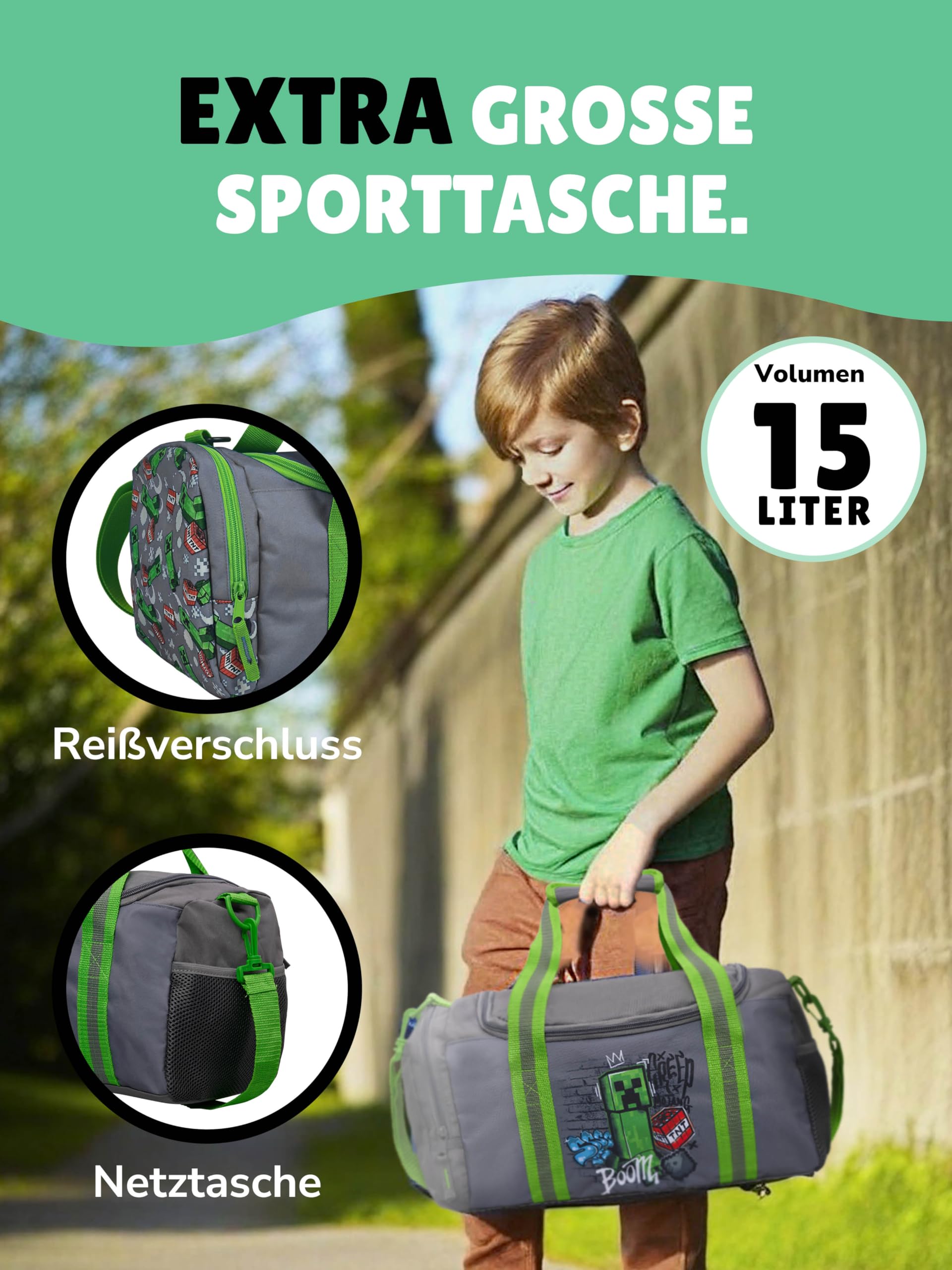 Familando - Schulranzen Set 6-teilig mit Federmappe - Minecraft - Ergonomisch, stabil & mit gepolstertem Rücken - 1250g leicht - 18L Volumen - Mit Reflektoren - Für Grundschule ab 1. Klasse
