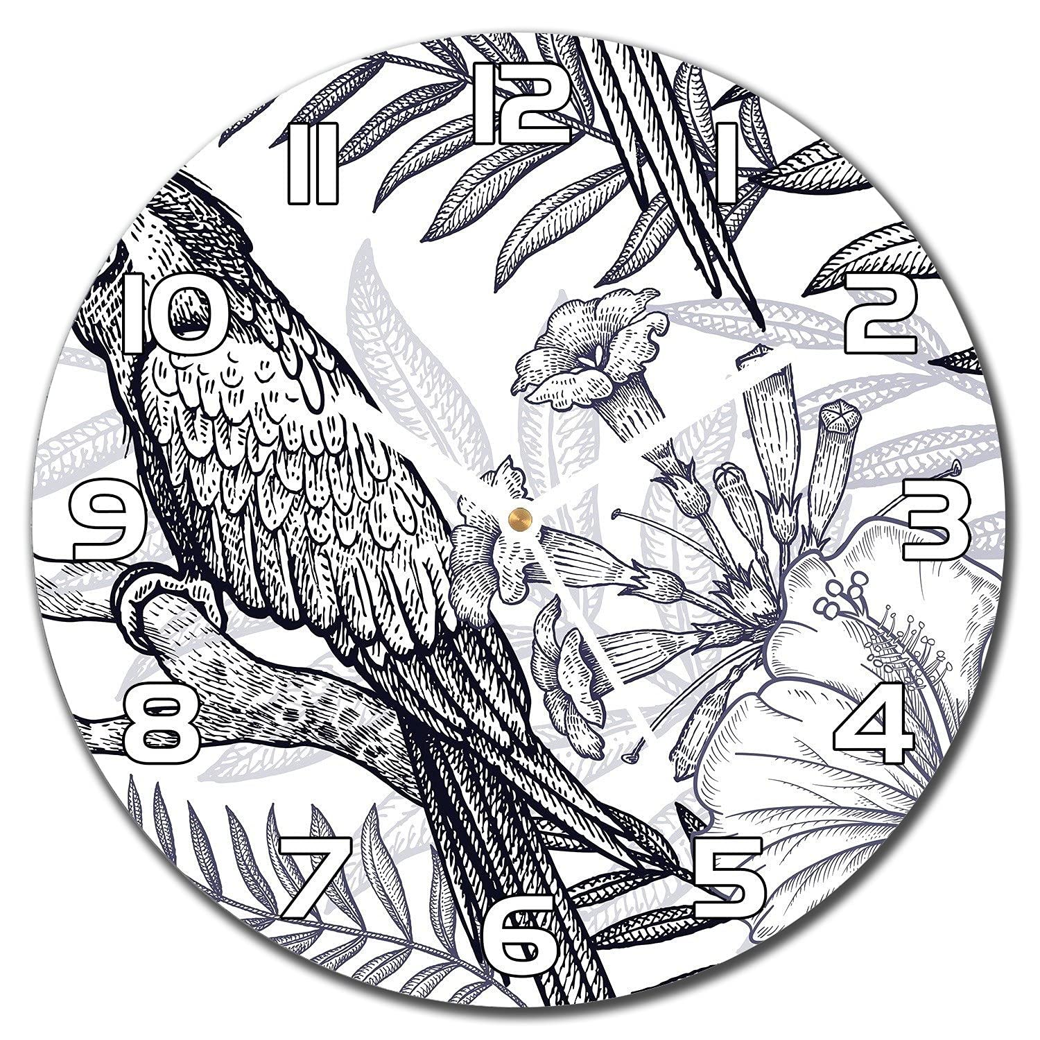 Horloge en verre 30 cm Coloray avec imprimé perroquets tropicaux pour salon