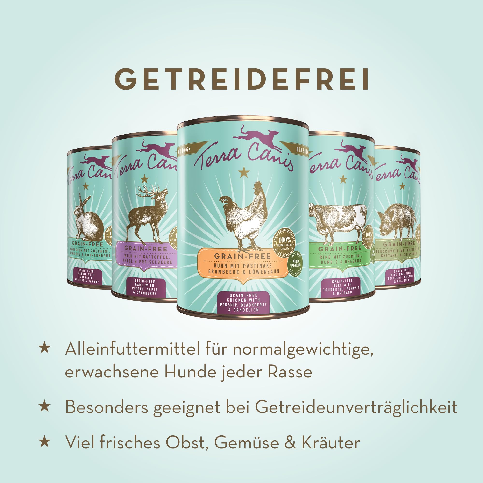 Terra Canis-Hundefutter nass getreidefrei 6x800 g, mit Pferd, Steckrübe, Fenchel & Salbei - Premium-Nassfutter für ausgewachsene Hunde mit Rohstoffen in 100% Lebensmittelqualität