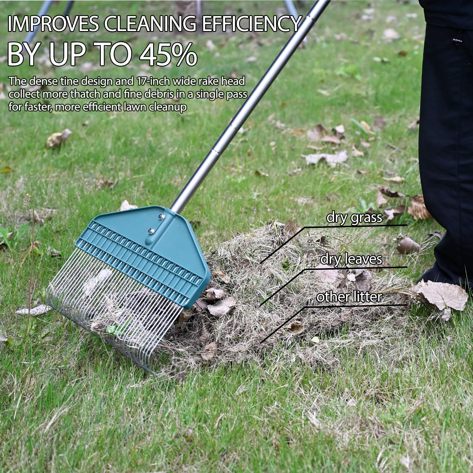 YEELOR Grabie do trawnika, grabie na liście, grabie ogrodowe z główką 43 cm, uchwyt ze stali nierdzewnej 168 cm, na podwórko, trawnik, krzew, grządki ogrodowe, domek dla drobiu