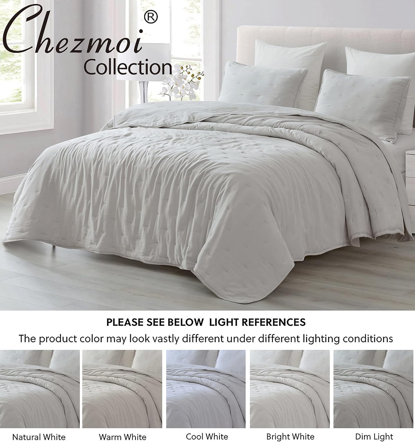 Chezmoi Collection Marie 3-Piece Line Stitch Embroidery Quilt Set - Soft Washed Microfiber Lightweight Comforter Set Quilted Bedspread Coverlet Set (King, Light Gray)