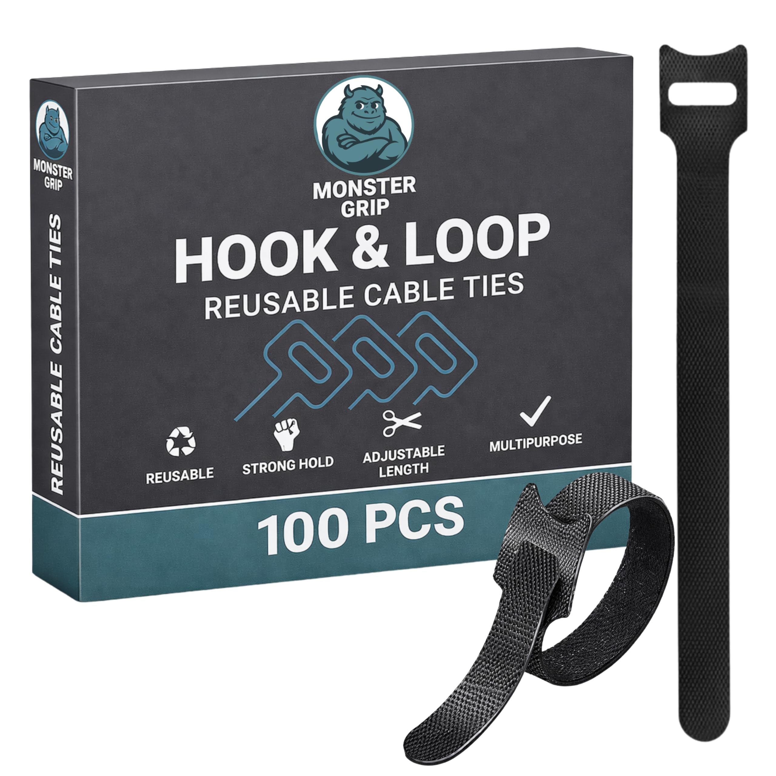 Monster Grip Black Reusable Cable Ties, 100 Pack Hook And Loop Cable Ties, Cable Tidy, Secure, Adjustable Fastening Cable Ties, Fast Convenient Cable Management