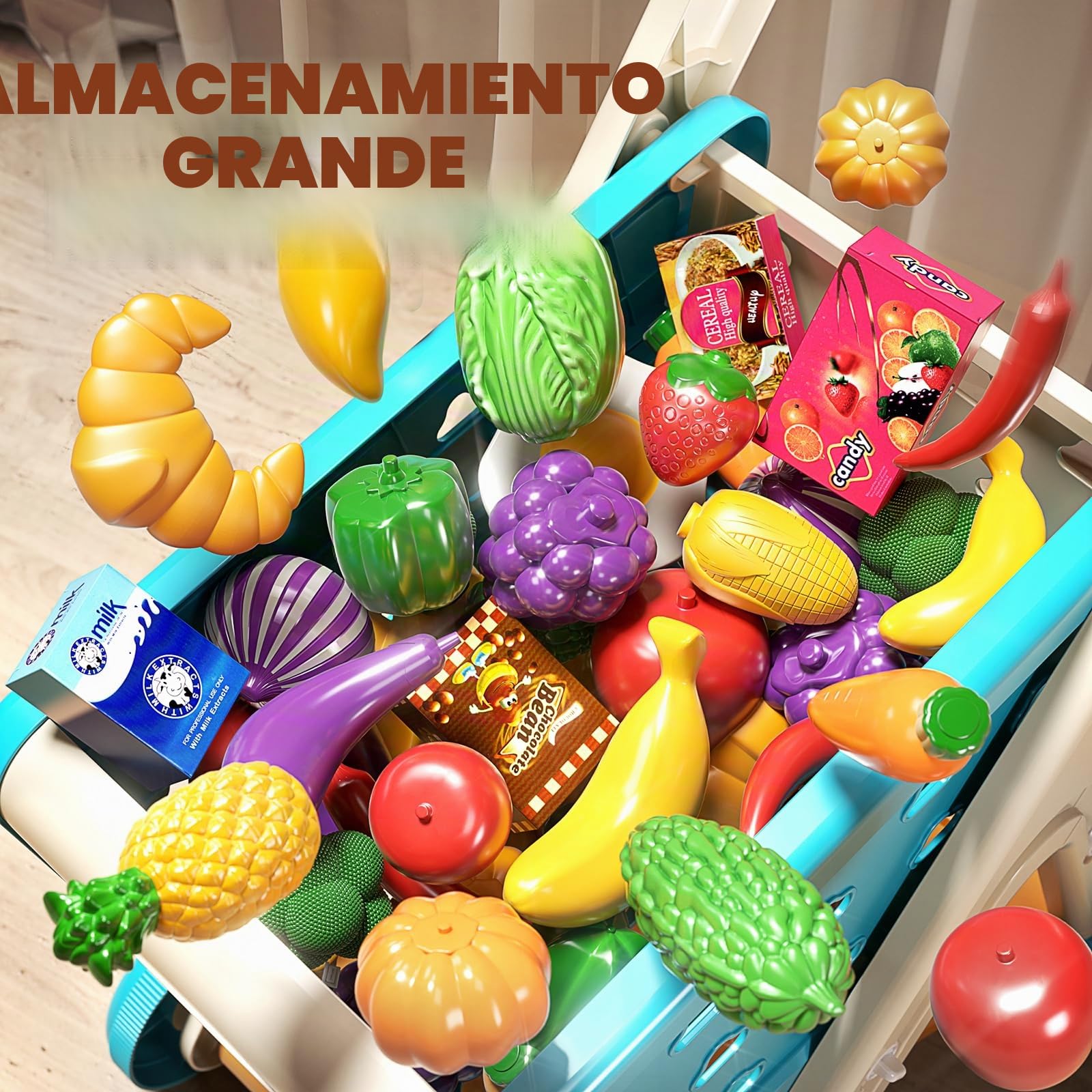 JOVOW Carro Compra Juguetes Infantil, 98 Piezas de Conjunto de Carrito de Compras para Niños con Bolsa de Compras, Conjunto de Juguetes de Cocina y Tienda para Niños y Niñas de 3 Años en Adelante | Perfecto para mayores de 3 años y juegos de rol