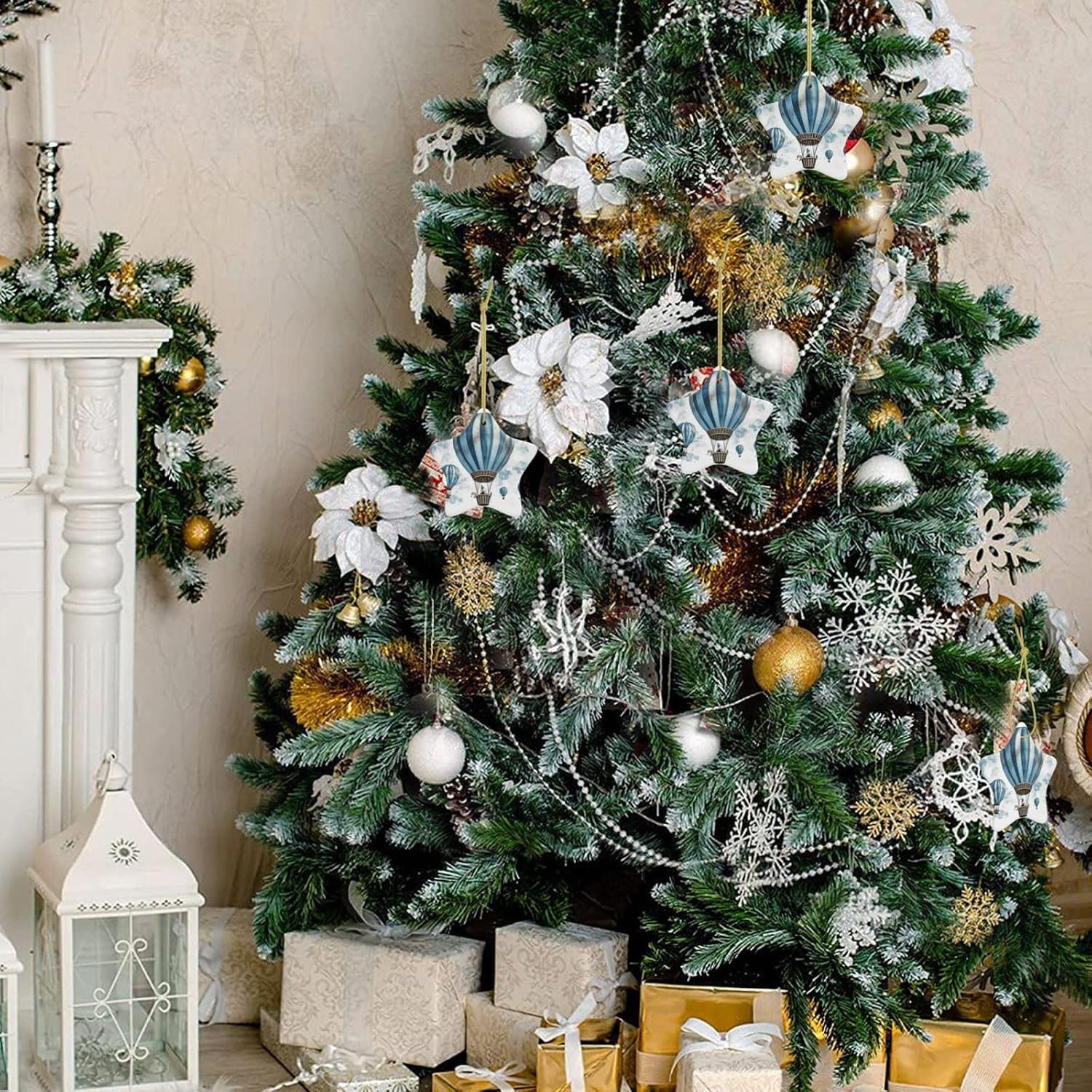 Blue Hot Air Balloon Christmas Ornament with Gold Ribbon Christmas Tree Ceramic Ornament Xmas Star Shape Hanging Ornaments Pendants Round Xmas Crafts for Holiday Party Decoration Gift