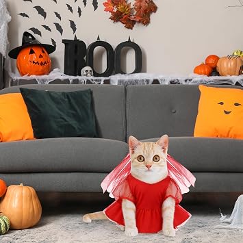 Huhumy 2 Pcs Beetle Pet Costume Set Halloween 80s Red Beetle Bride Costume Pet Wedding Gothic Ghost Dress for Halloween Cosplay