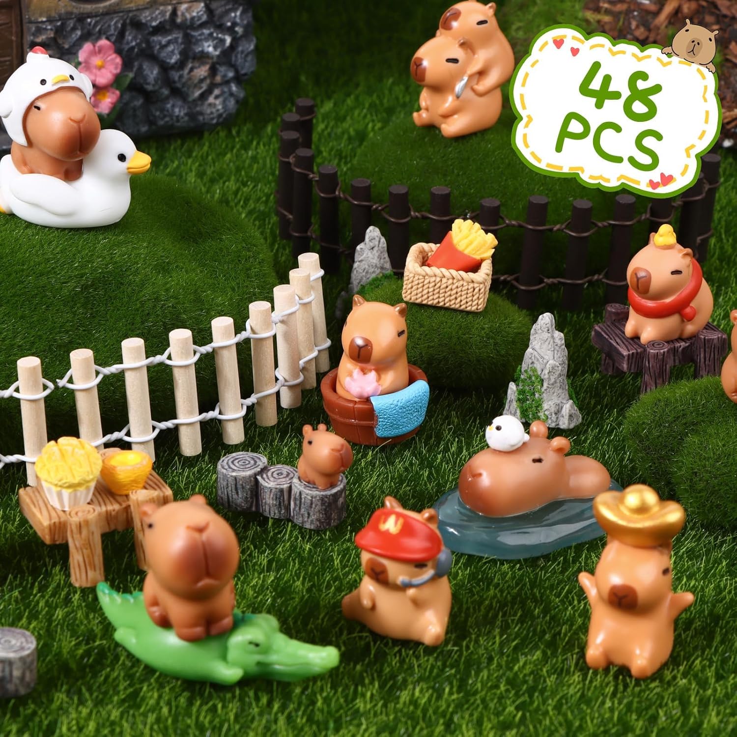 48 Pcs Mini Capybara Figures Playset Simulation Capybara Model Toys Mini Resin Animals Miniature Garden Accessories for Car Dashboard Dollhouse Fairy Garden Micro Landscape Decor Birthday Cake Topper