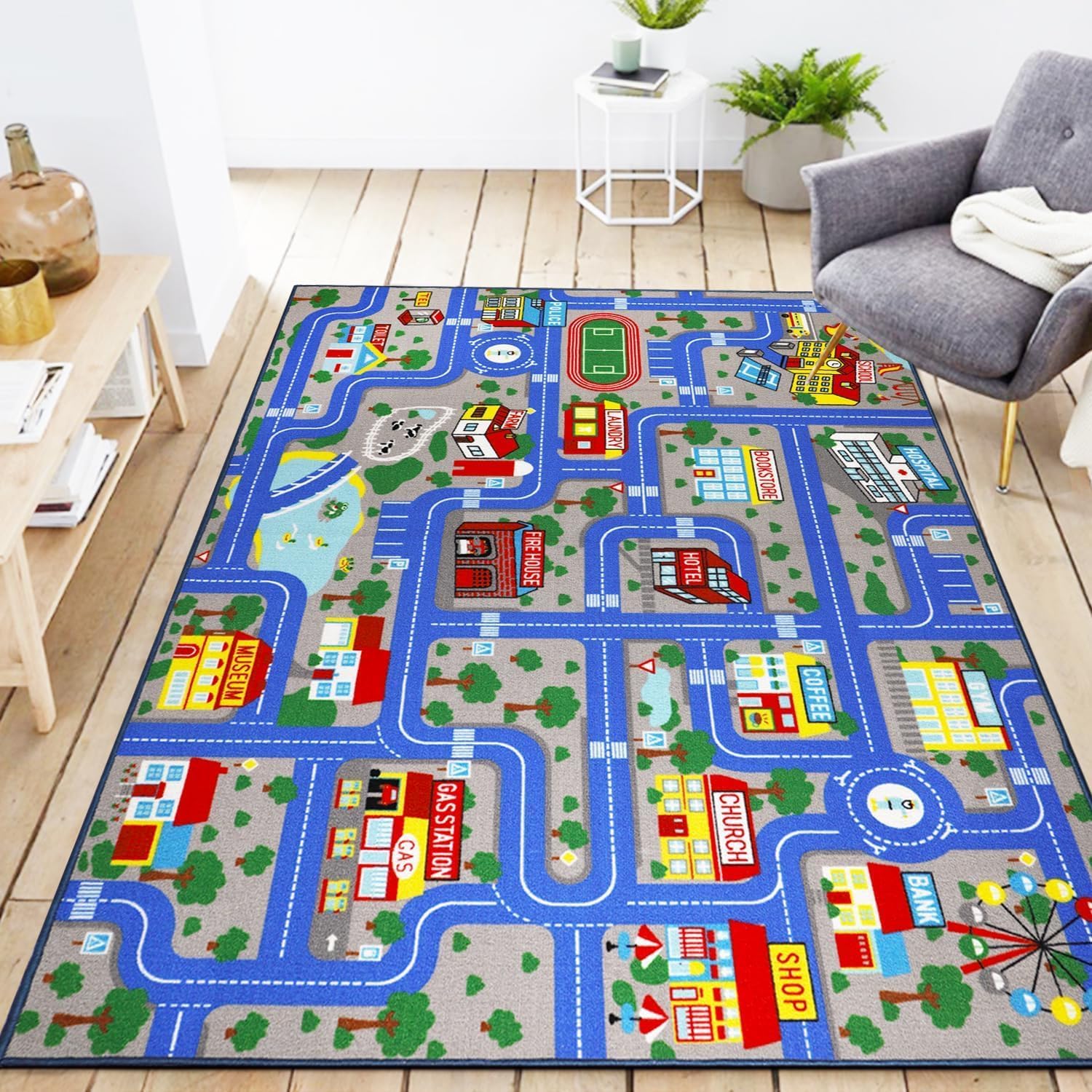CENXI Kids Carpet Playmat Car Rug, 5'0" x 6'6" Educational Road Traffic Carpet Fun City Life Map Kids Car Rug Non Slip Play Carpet for Children Playroom Bedroom Classroom Decor (Blue)