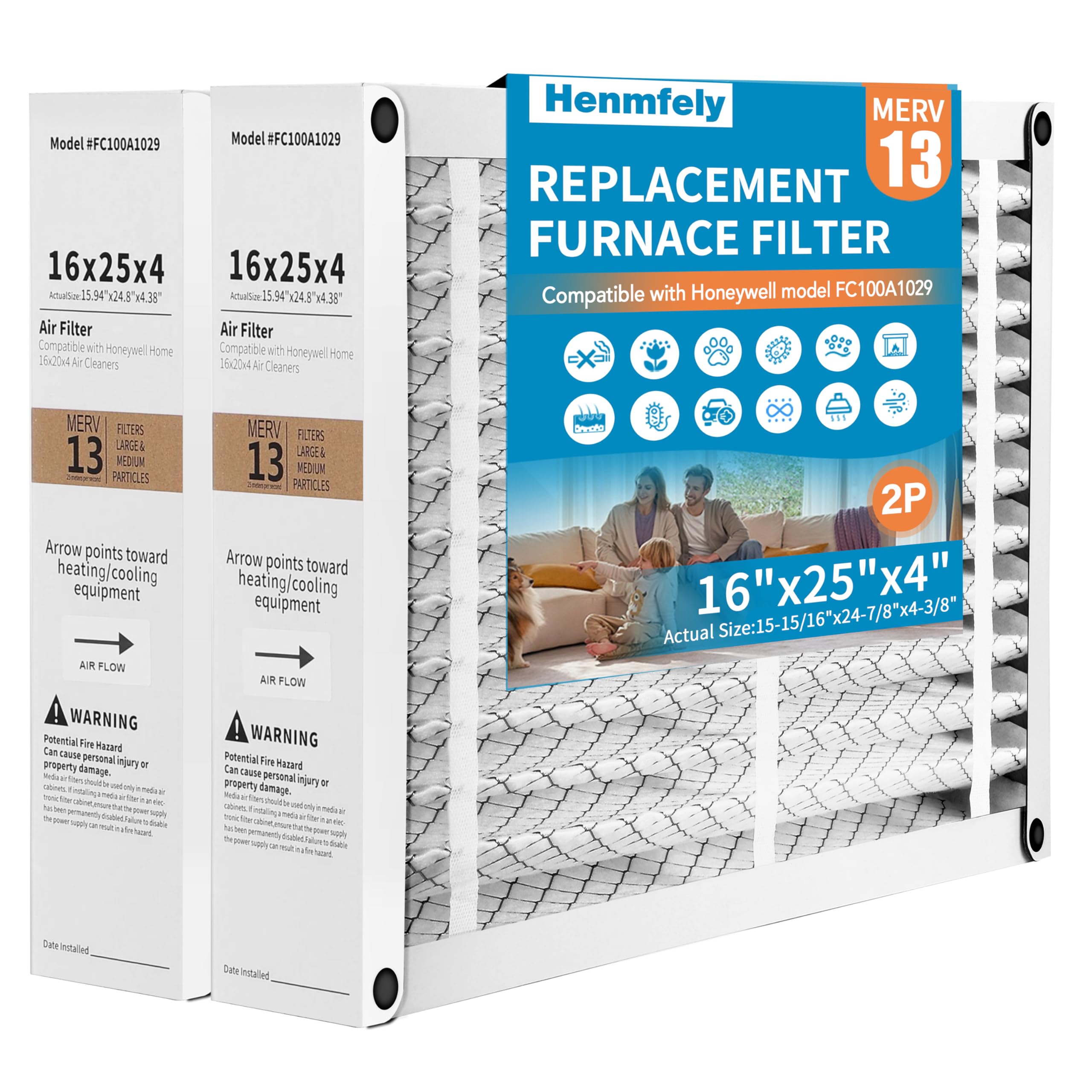 Photo 1 of 2 Pack 16x25x4 Pleated Furnace Filter - Replacement for Honeywell FC100A1029, Foldable Design, Actual Size 15.94 x 24.86 x 4.38 Inches