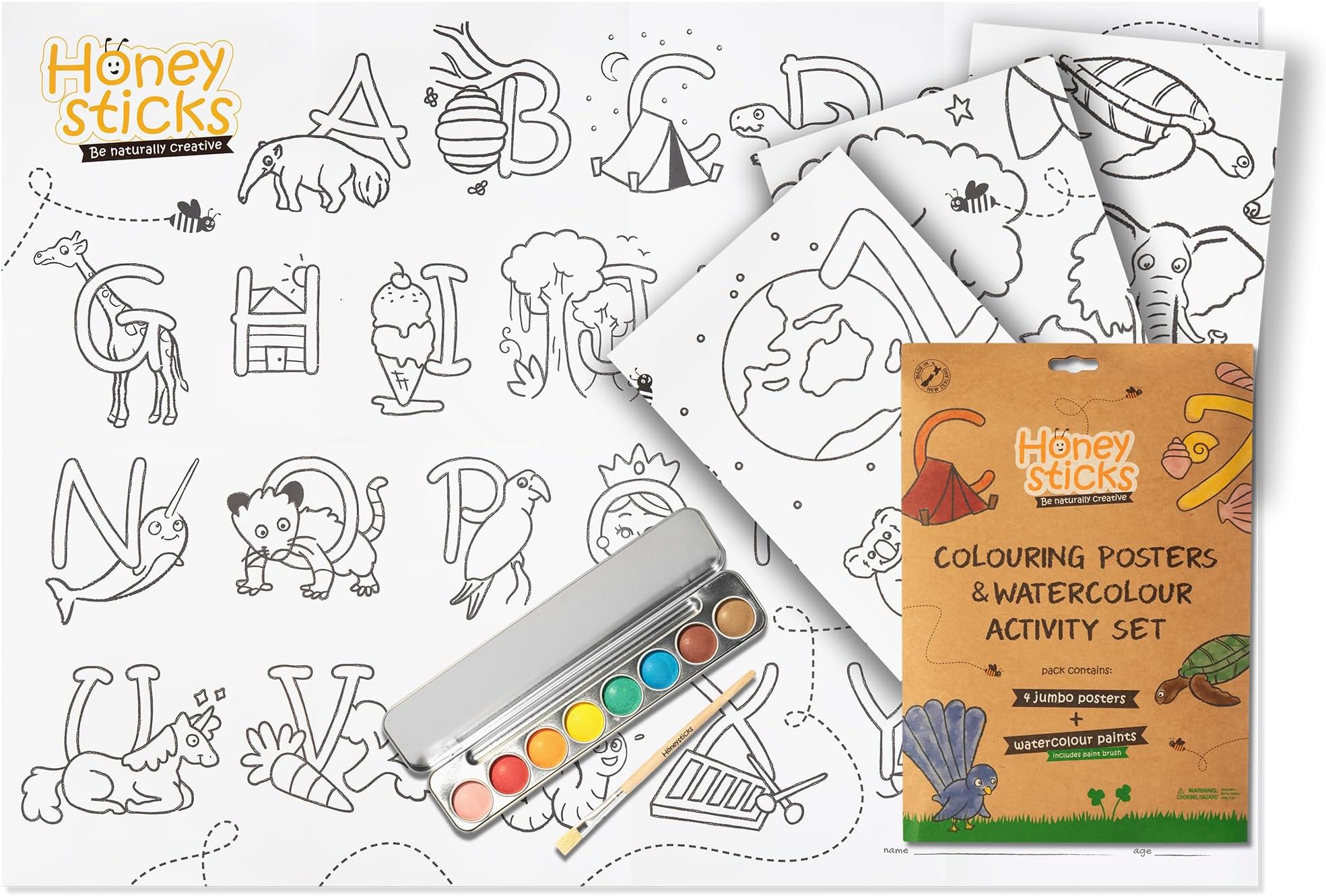 Honeysticks Kids Activity Set - 4 Giant Painting Posters With Non-Toxic Watercolour Paint Set, 8 Vibrant Colours and Paintbrush - Educational Painting Kits for Kids, Gifts for Ages 3-5