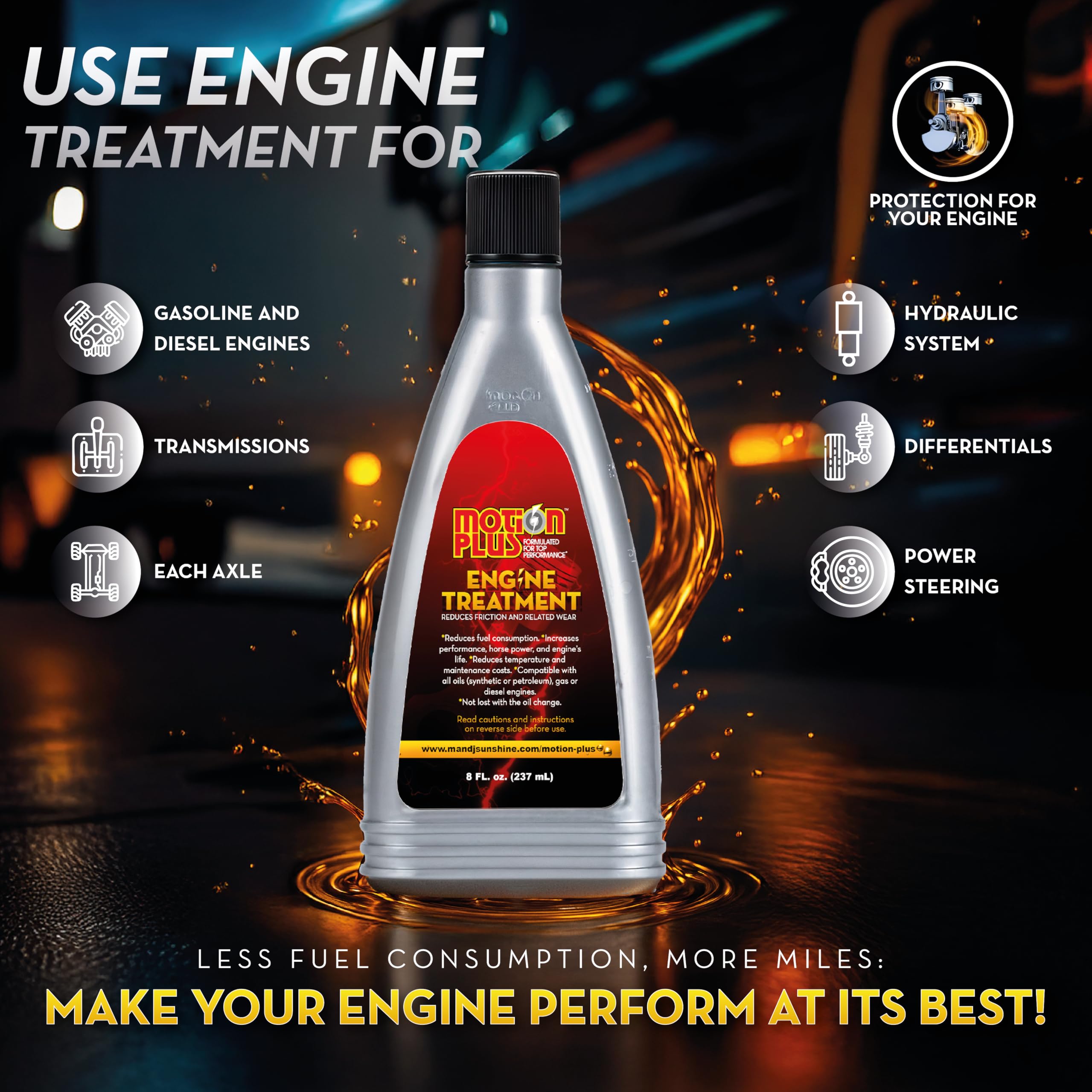 Tratamiento de motor Motion Plus/tratamiento de metal/superlubricante/resistente/antifricción/tratamiento de metales del motor/lubricante/EP/automoción/coches/8 onzas