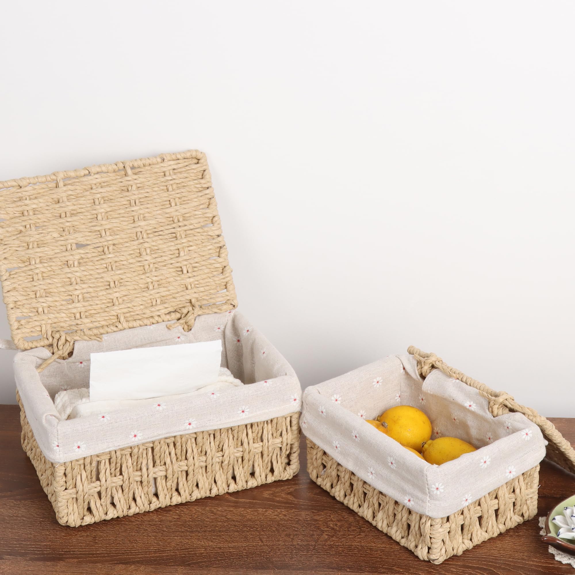 FEILANDUO Canastas de mimbre con tapa, cestas de cuerda de papel tejidas a mano para organizar, cesta rectangular para almacenamiento, cajas de escritorio con tapas, organizador para el hogar, grande