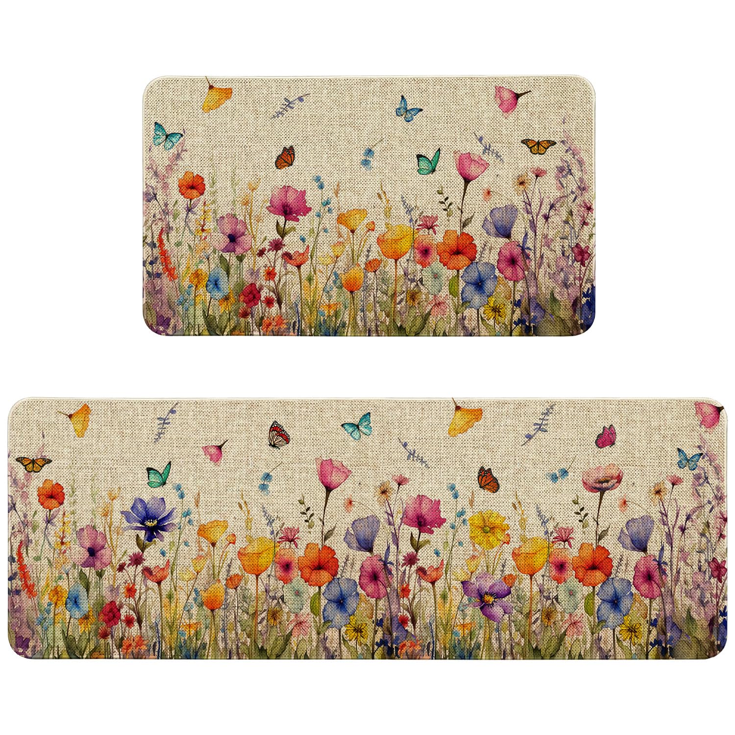 Ideasonna Spring Floral Kitchen Mats for Floor 2 Piece, Colorful Flower Summer Spring Kitchen Rugs Sets of 2 Indoor Home Decor Door Mat Outdoor