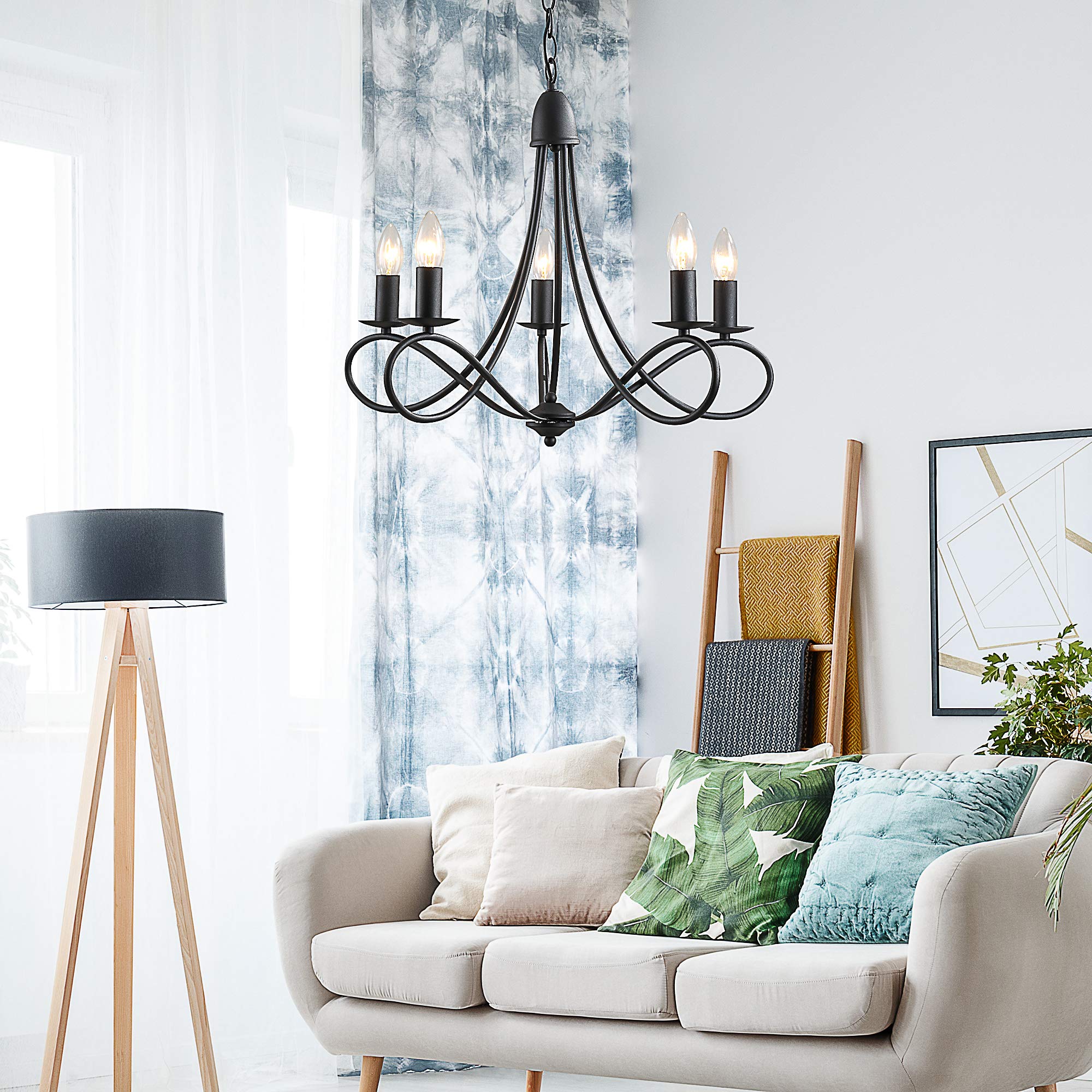 HOMCOM Lampadario a Soffitto Stile Rustico, Acciaio Intrecciato Nero con 5 Candelieri Regolabili e Pieghevoli Ф58 x 45cm