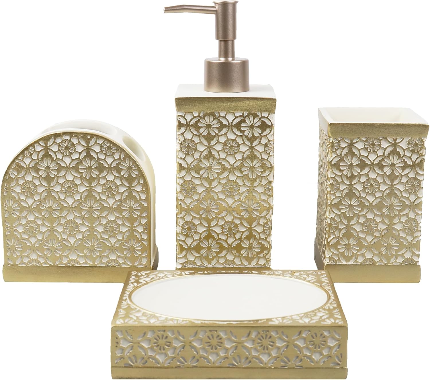 Hymmah Bathroom Accessories Set,Golden Design Toothbrush Holder,Farmhouse Bathroom Decor,4 Pcs Resin Gift Set Apartment Necessities, Contain Toothbrush Cup,Soap Dispenser,Soap Dish,Tumbler