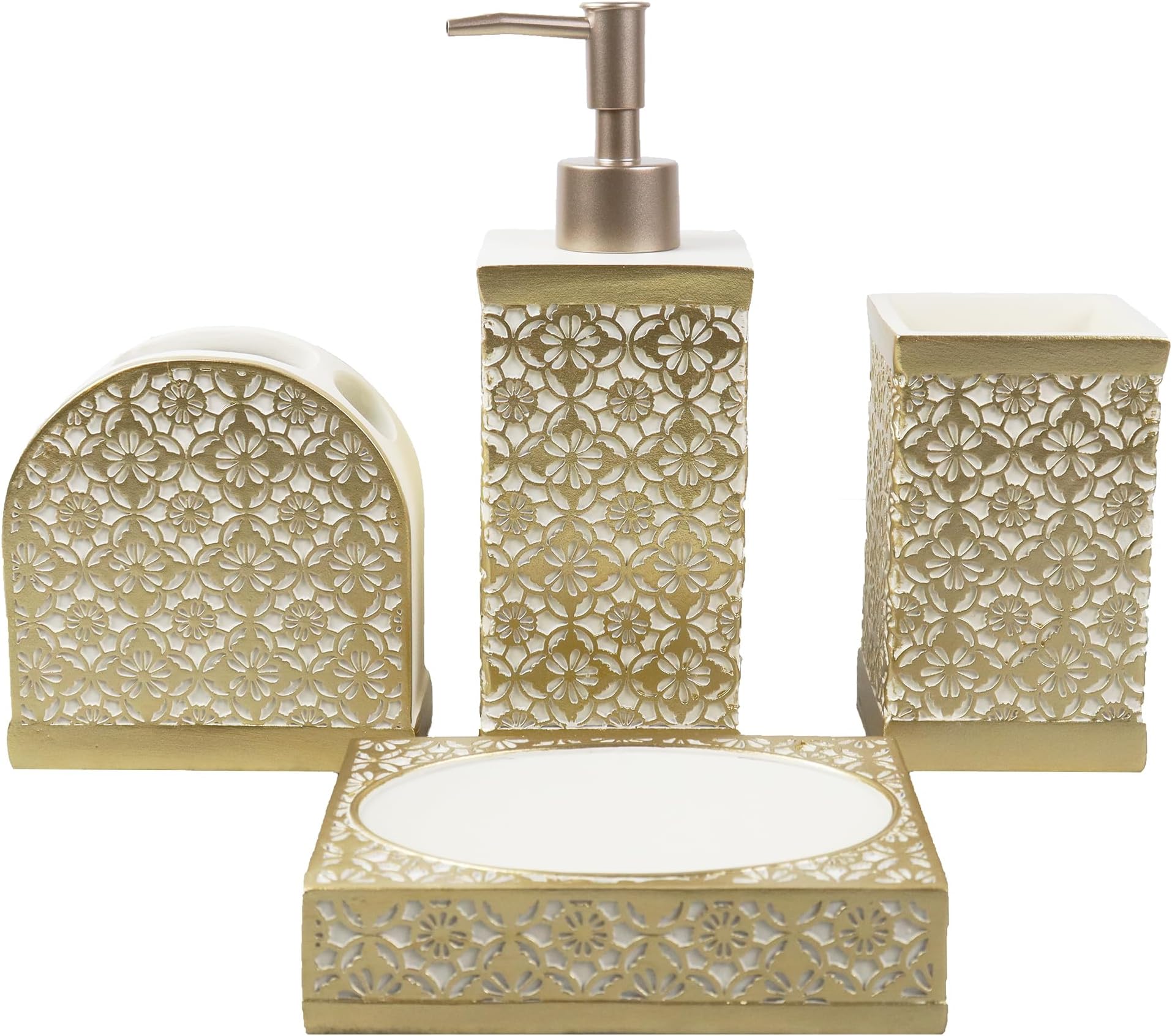 Hymmah Gold Bathroom Accessories Set, Farmhouse Bathroom Decor, 4 Pcs Resin Gift Set Apartment Supplies, Include Cotton Swab, Soap Dispenser, Tumbler, Soap Dish/Tray