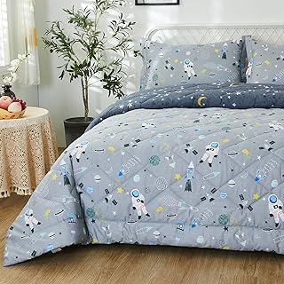 Brandream Kids Space Bedding Set Queen Size Boy Girl 100% Cotton Space Rocket Galaxy Comforter Set 3-Piece