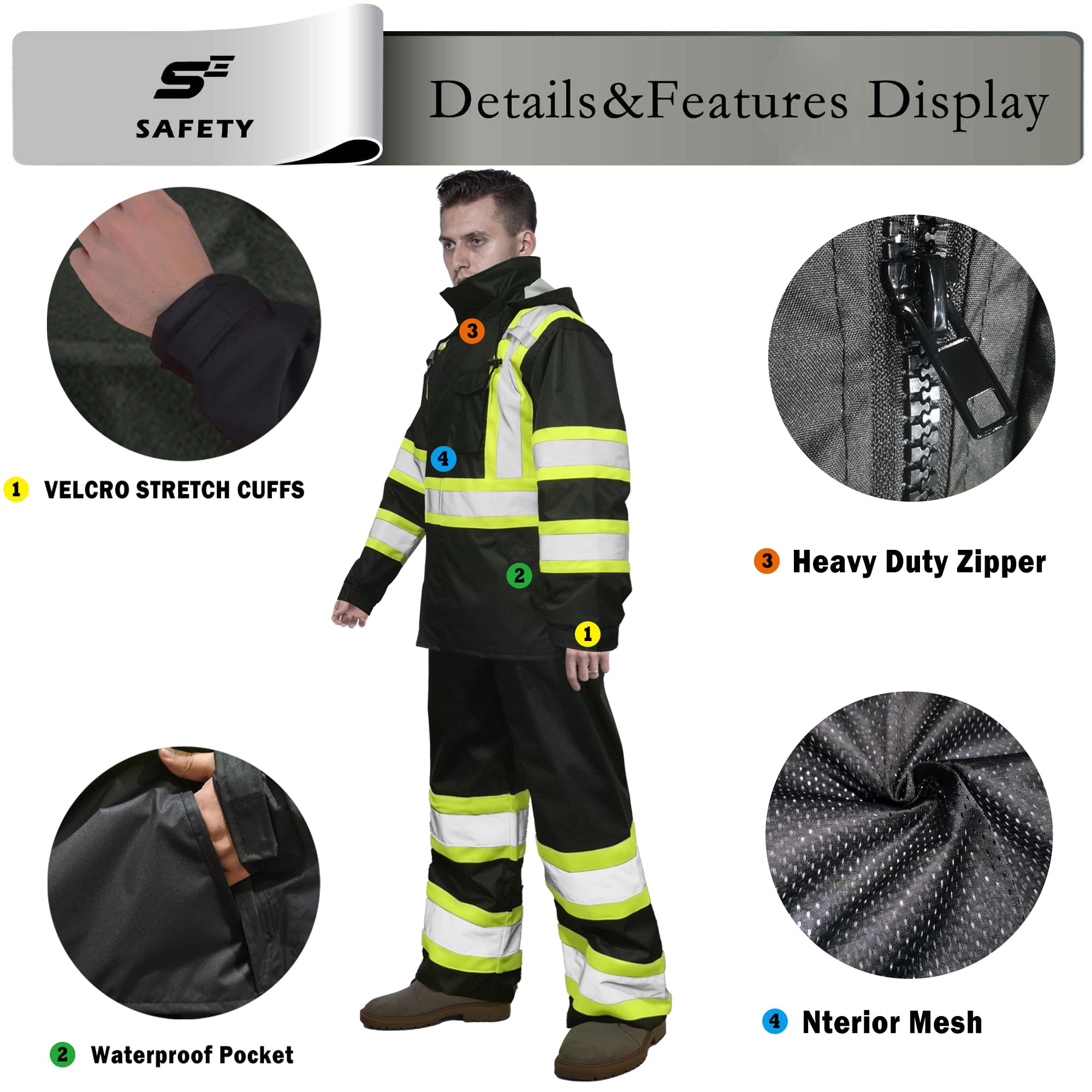 sesafety Trajes de lluvia impermeables para hombre, equipo de lluvia de alta visibilidad clase 3, chaqueta impermeable de alta visibilidad con parte inferior negra