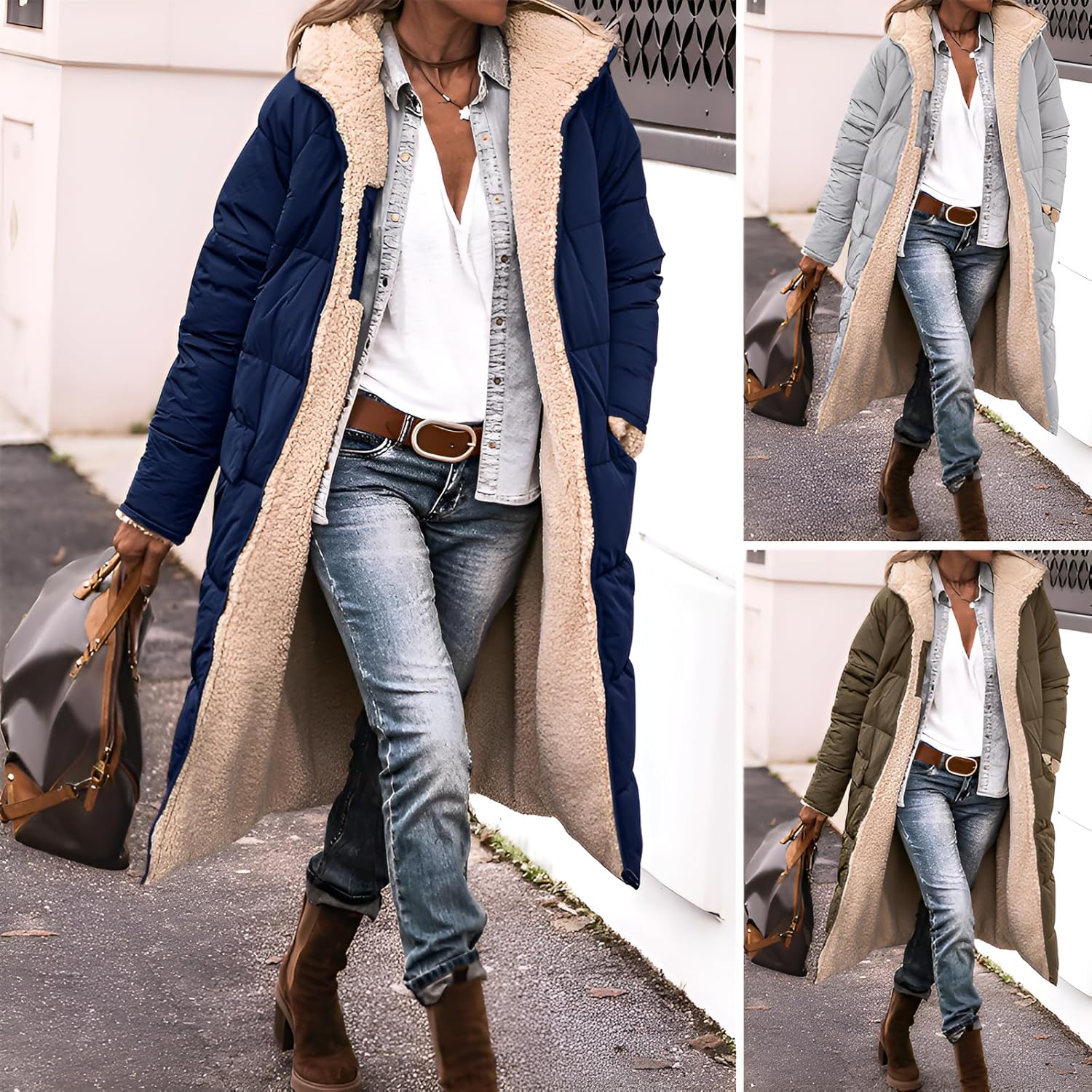 POZEAL] 女性用 ンコート 【羊皮裏地】 ロング丈 暖かくて快適 冬用