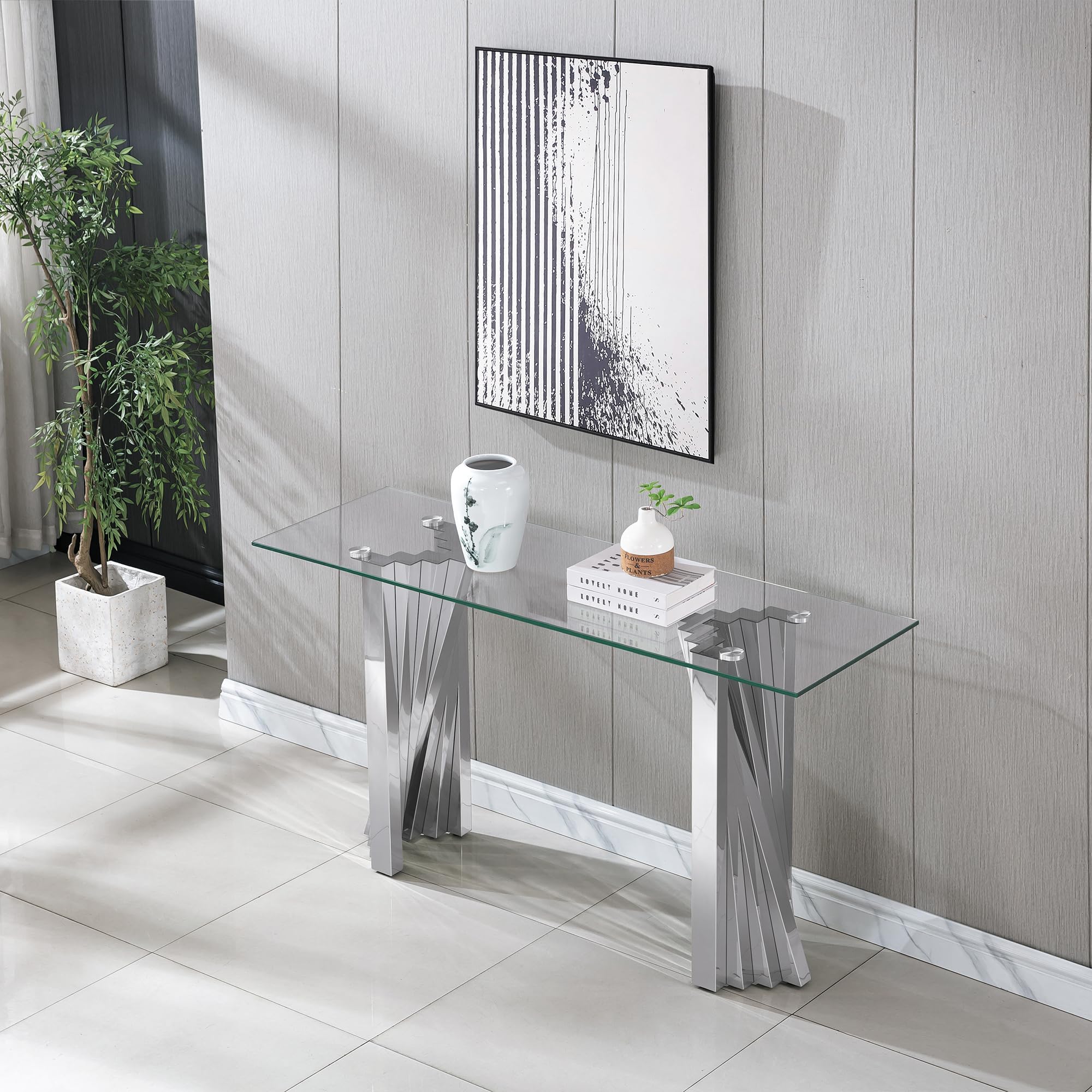Binrrio 55" Glass Console Table, Modern Square Silver Glass Sofa Table, Narrow Sofa Accent Table Entryway Table Entrance Table with Mirrored Finish Stainless Steel Base for Entryway Hallway