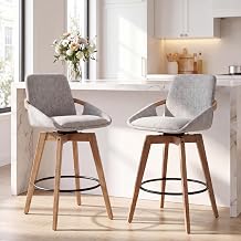 CIMOTA Swivel Counter Height Bar Stools Set of 2, Mid Century Modern Wooden Bar Stool Chairs with Linen Upholstered Seat and Curved Back, 26" Counter Stools for Kitchen Island, Grey