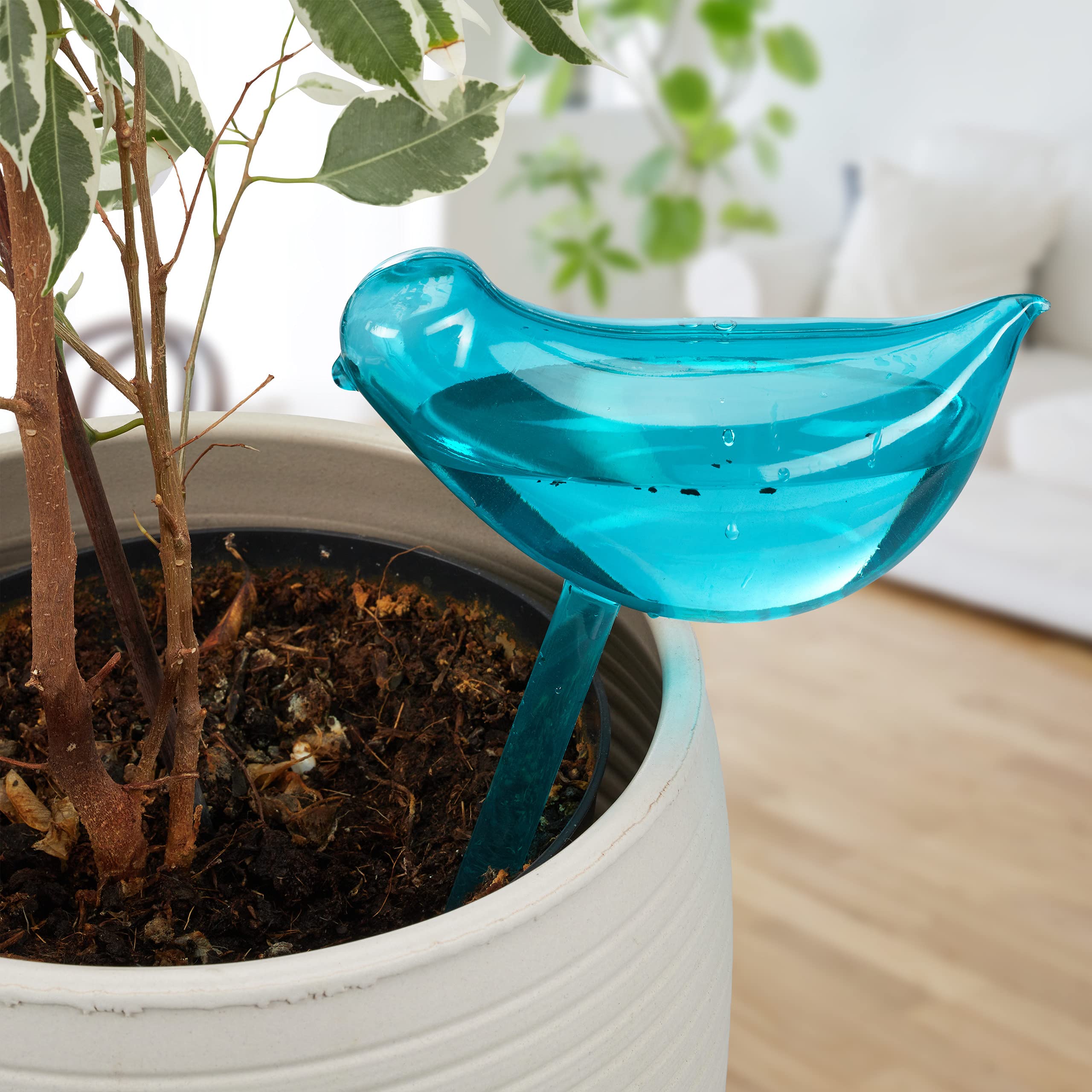 Relaxdays Pack 40 Globos Autorriego Diseño Pájaro, Regadores Plantas 200ml, Dosifican Agua de Riego, Azul
