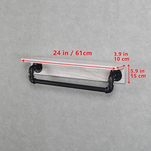 Miniatura 2 de MBQQ Estante de tubo industrial, estante de pared rústico con toallero, toalleros de granja de 24 pulgadas para baño, estantes flotantes montados en