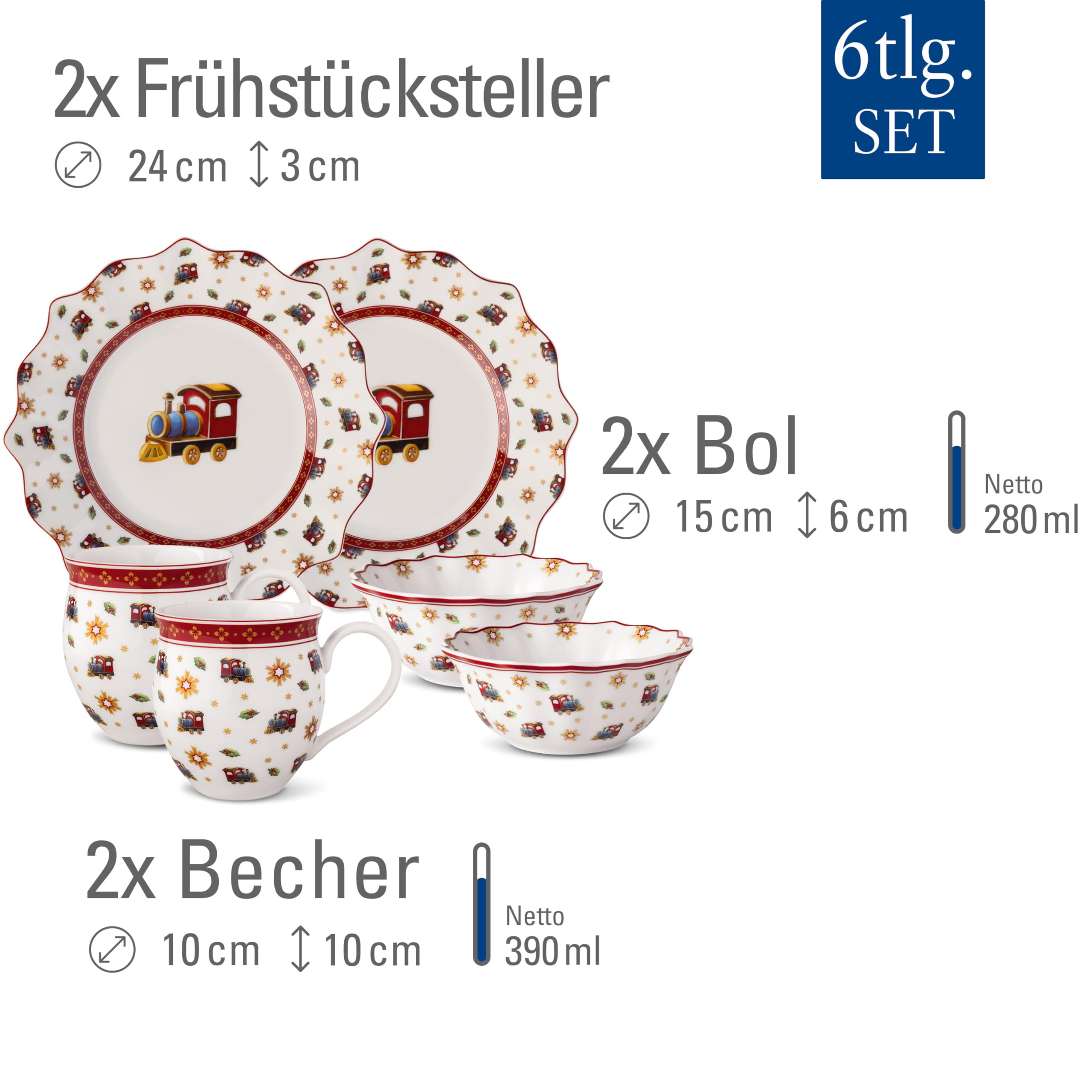 Villeroy & Boch - Toy's Delight Frühstücks-Set für 2 Lokomotive 6 teilig Bunt, Weihnachten, Geschirr Set mit Frühstückstellern, Tassen und Schüsseln, Weihnachtsgeschirr, Premium Porzellan