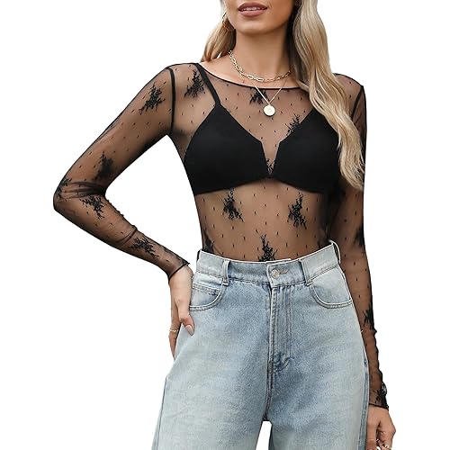 KTILG Womens Lace Long Sleeve Boat Neck Tops Sheer Blouse Sexy See Through Shirt Mesh Top S-XXL