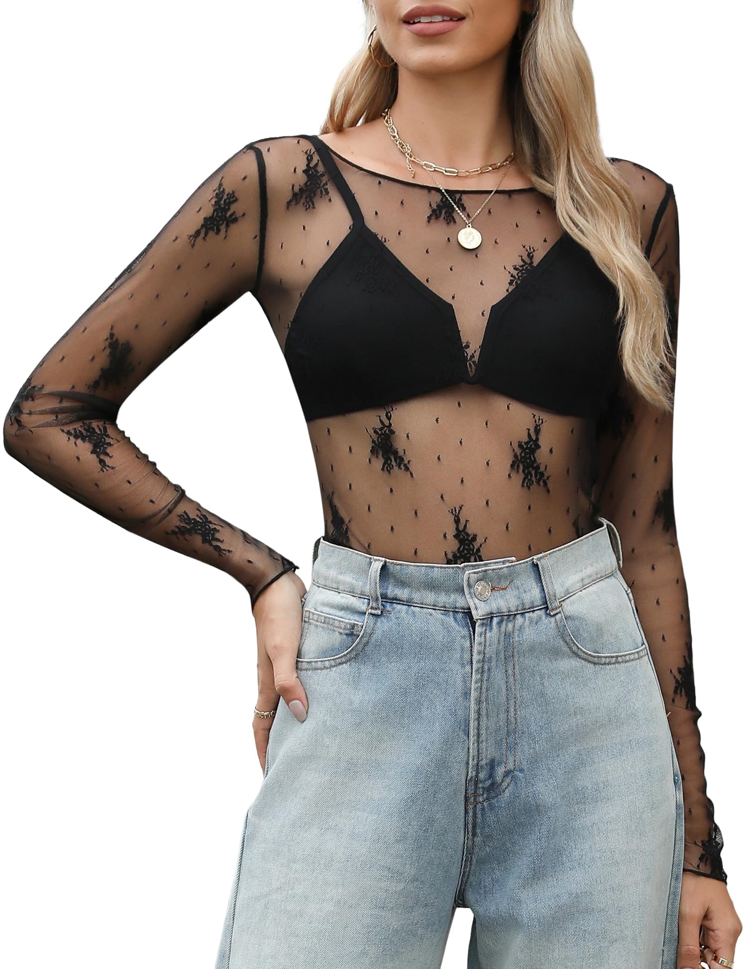 KTILG Womens Lace Long Sleeve Boat Neck Tops Sheer Blouse Sexy See Through Shirt Mesh Top S-XXL