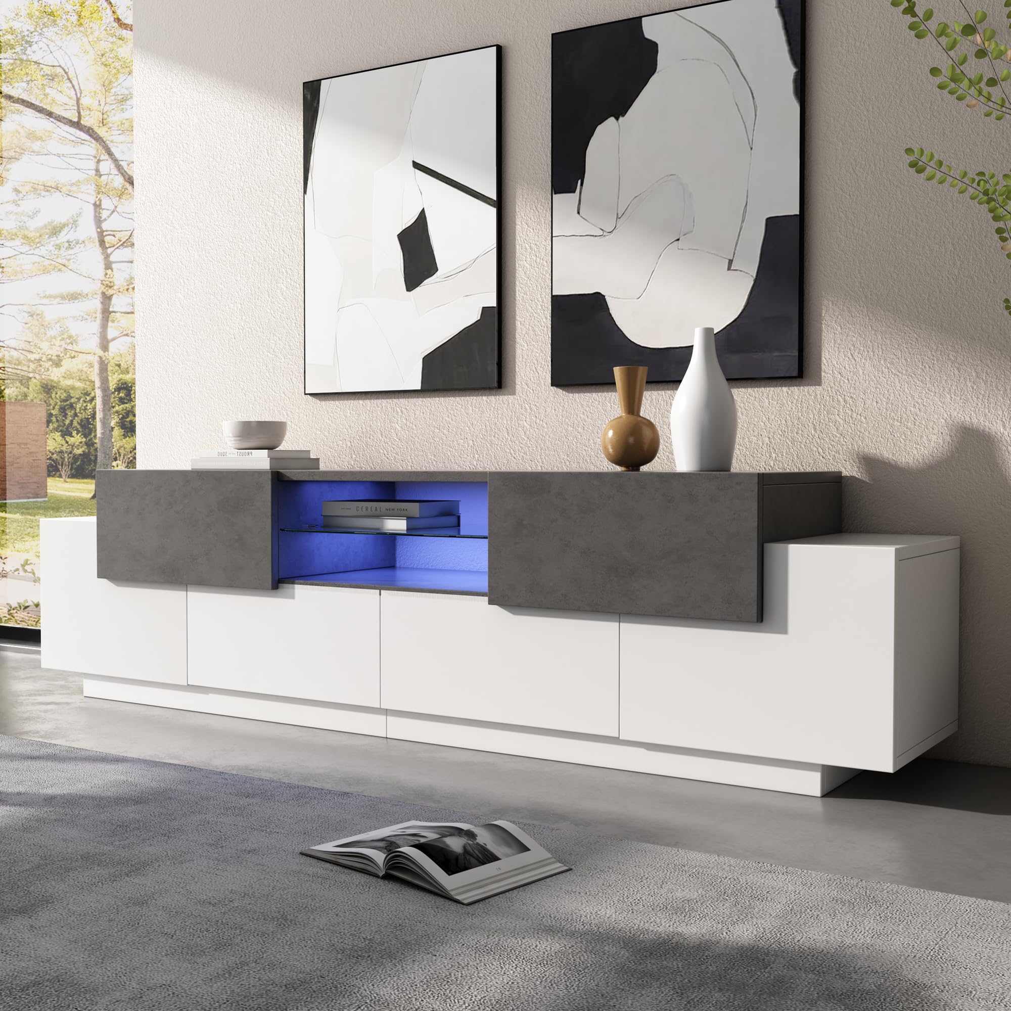 LAKFEW Mueble TV 180 cm de hasta 80 Pulgadas, Muebles TV con Iluminación LED y 2 Cajones, Mueble Television con con Estante y 4 gabinetes, Muebles de Salon, Blanco+Gris