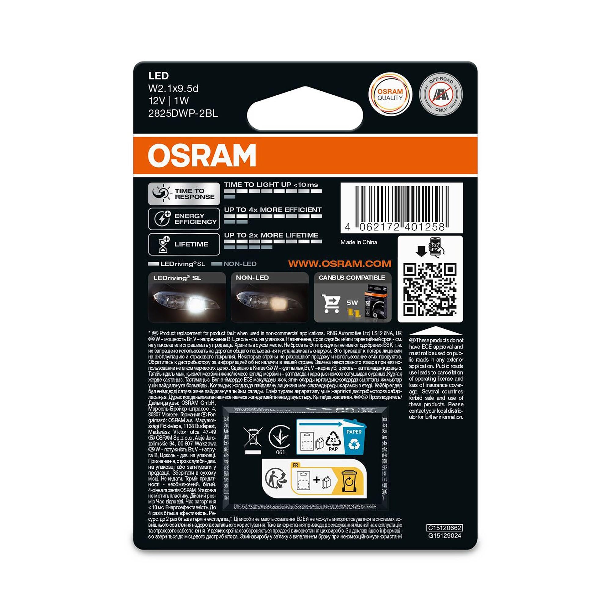 OSRAM LEDriving SL, W5W, Bianco 6000K, Double Blister (2 lamps), LED Retrofit, offroad use only