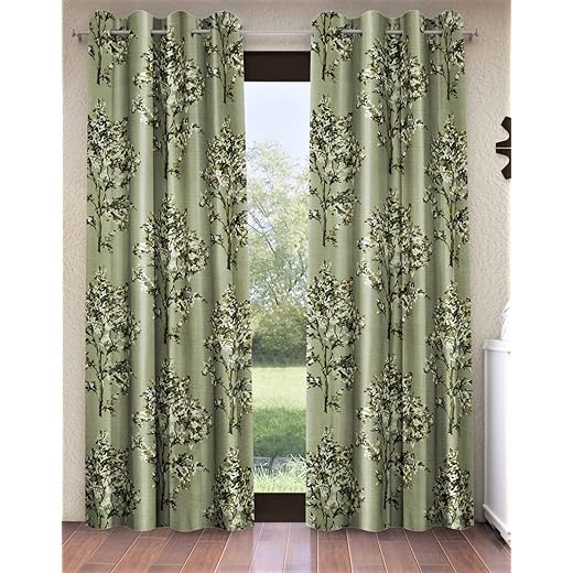 Fashion String 2 Pieces Floral Blossoms Eyelet Polyester Long Door Curtains - 9 Feet, Green