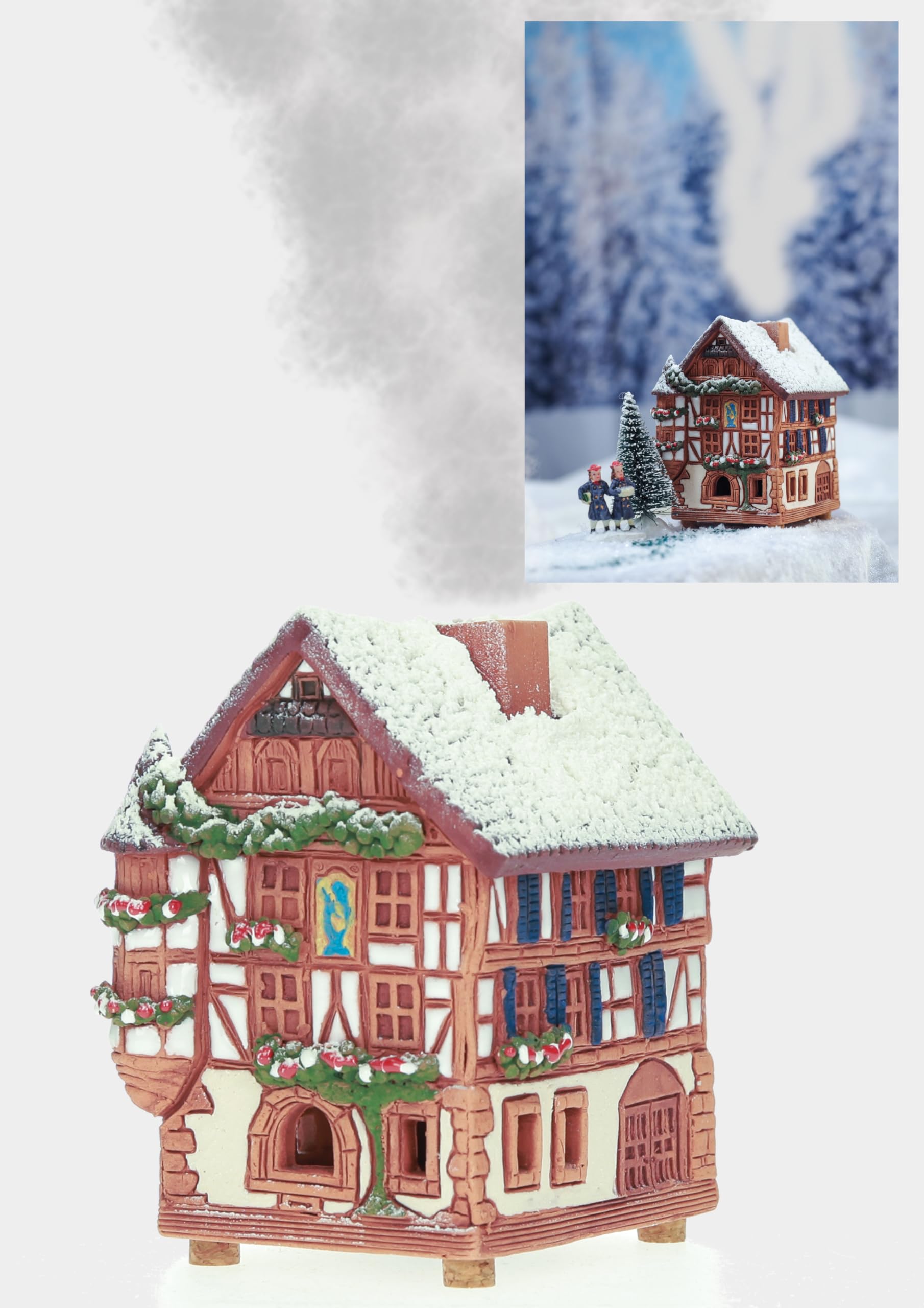 Keramik Häuser und Dörfer Kollektion - Handgefertigte Miniatur des historischen Kaysersberghauses in Deutschland, Winterausgabe - Räucherstäbchenhalter Kegel R264