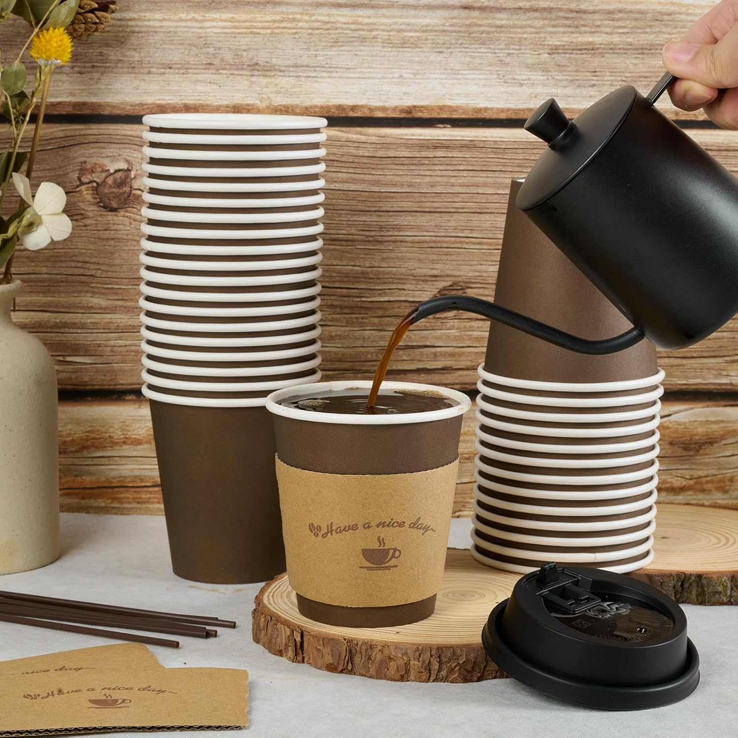 LITOPAK 100 Pack 10 oz Paper Coffee Cups with Lids, Sleeves, and Stirring Sticks for Coffee, Water, or Juice, Browm 10 Ounce Disposable Hot Paper Cups for Cafes, schools, offices, shops - Image 3